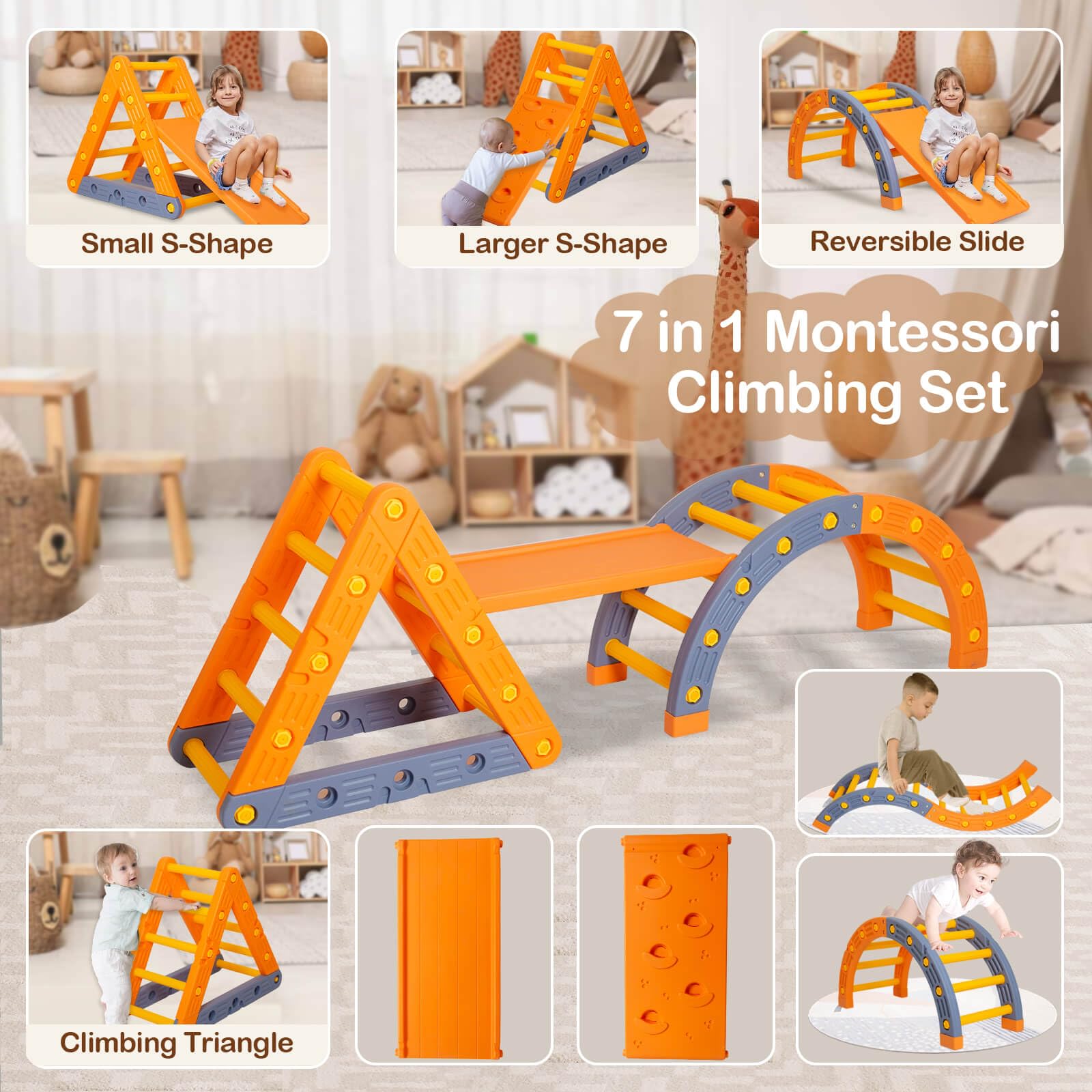Flwrgirl 6-in-1 Pikler Triangle Climbing Set - Montessori Wooden Climbing Toys for Toddlers 1-3 Years Old - Indoor Play Gym for Kids with Slide & Ramp - Perfect for Home Playroom, Daycare & Preschool Activities
