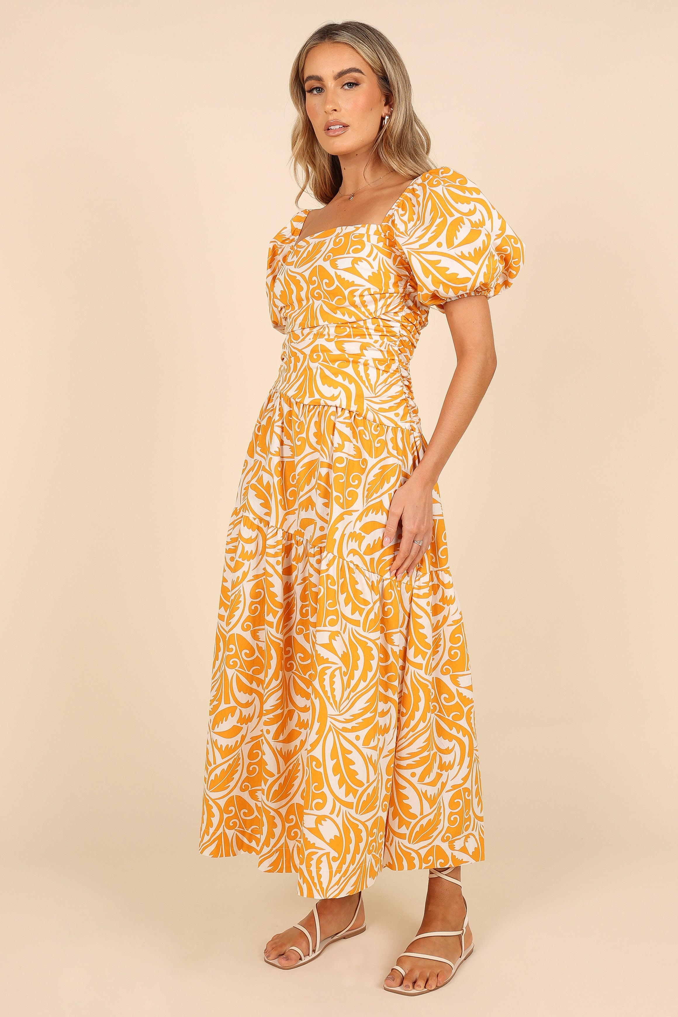 Gaylia Puff Sleeve Midi Dress for Women - Flowy Summer Dress in White & Orange | Perfect for Beach Vacations, Date Nights & Casual Outings