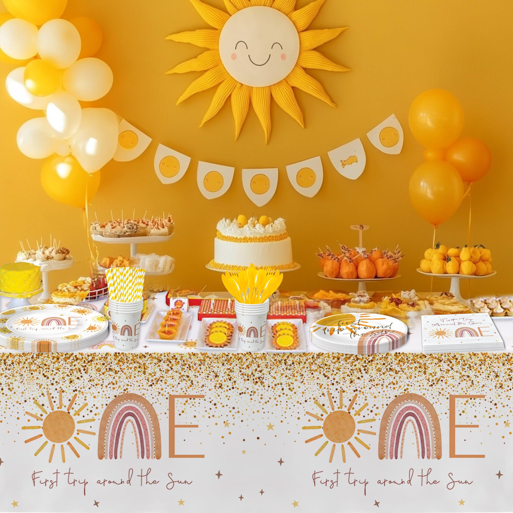 Boho Sunshine 1st Birthday Party Supplies Set - Plates, Cups, Napkins & Table Decor for Baby's First Trip Around The Sun Celebration | 24-Piece Dinnerware Kit for Boho-Themed First Birthday Parties & Milestone Celebrations
