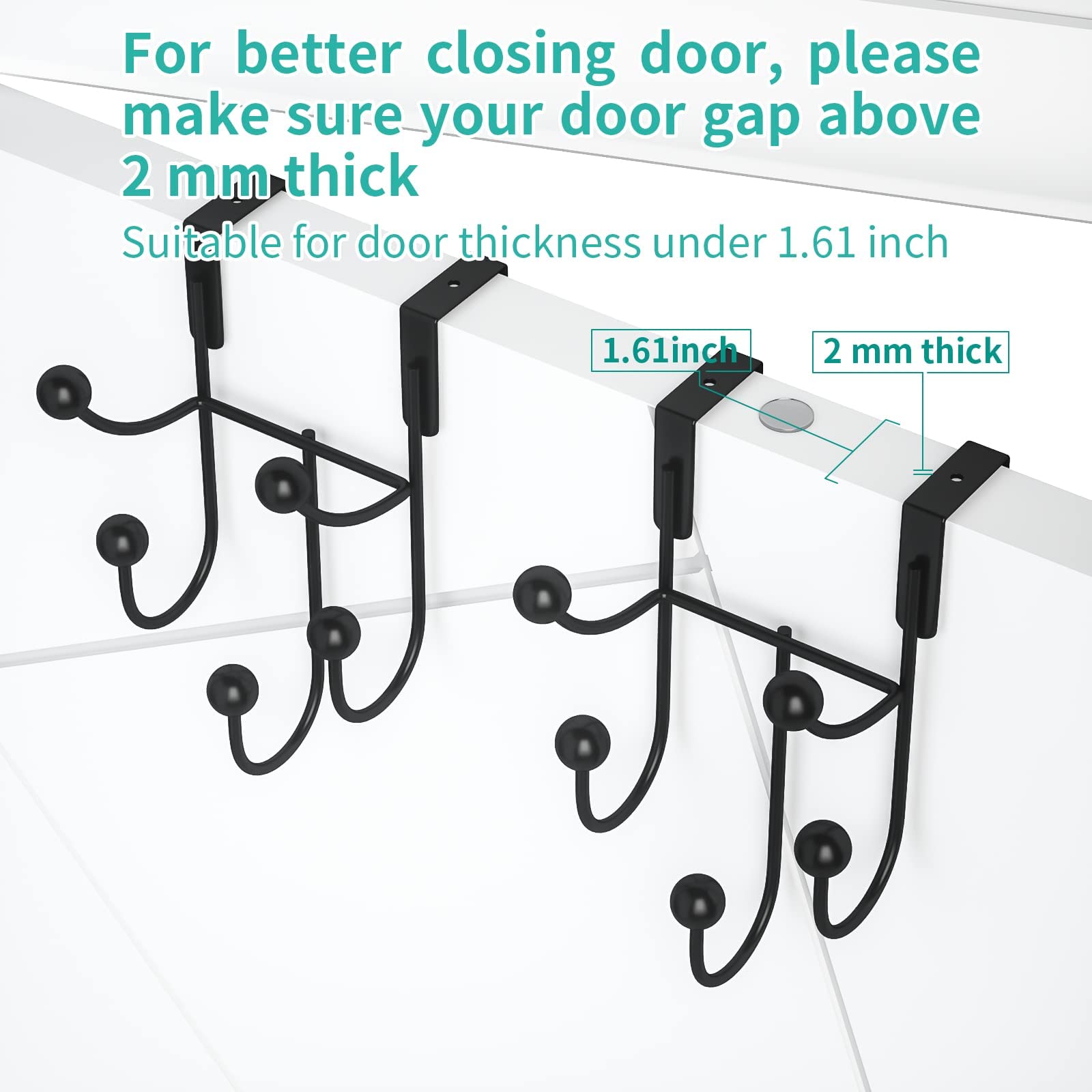 Stainless Steel Over Door Hooks 2-Pack - 5 Coat Hangers with Scratch Proof Pads for Hanging Coats, Towels, Hats & Bags - Black Bedroom & Bathroom Door Hooks for Space Saving Organization