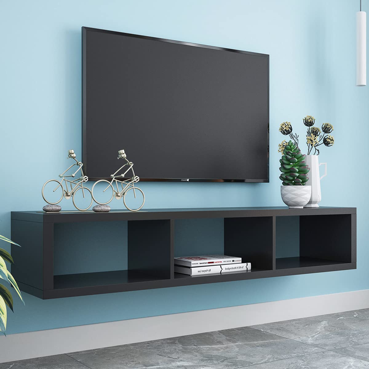 Floating TV Shelf Wall Mounted Media Console - 2 Tier Modern TV Stand with 3 Storage Compartments for 60 Inch Flat Screen - Space Saving Living Room Furniture for Home Theater & Entertainment (Black)