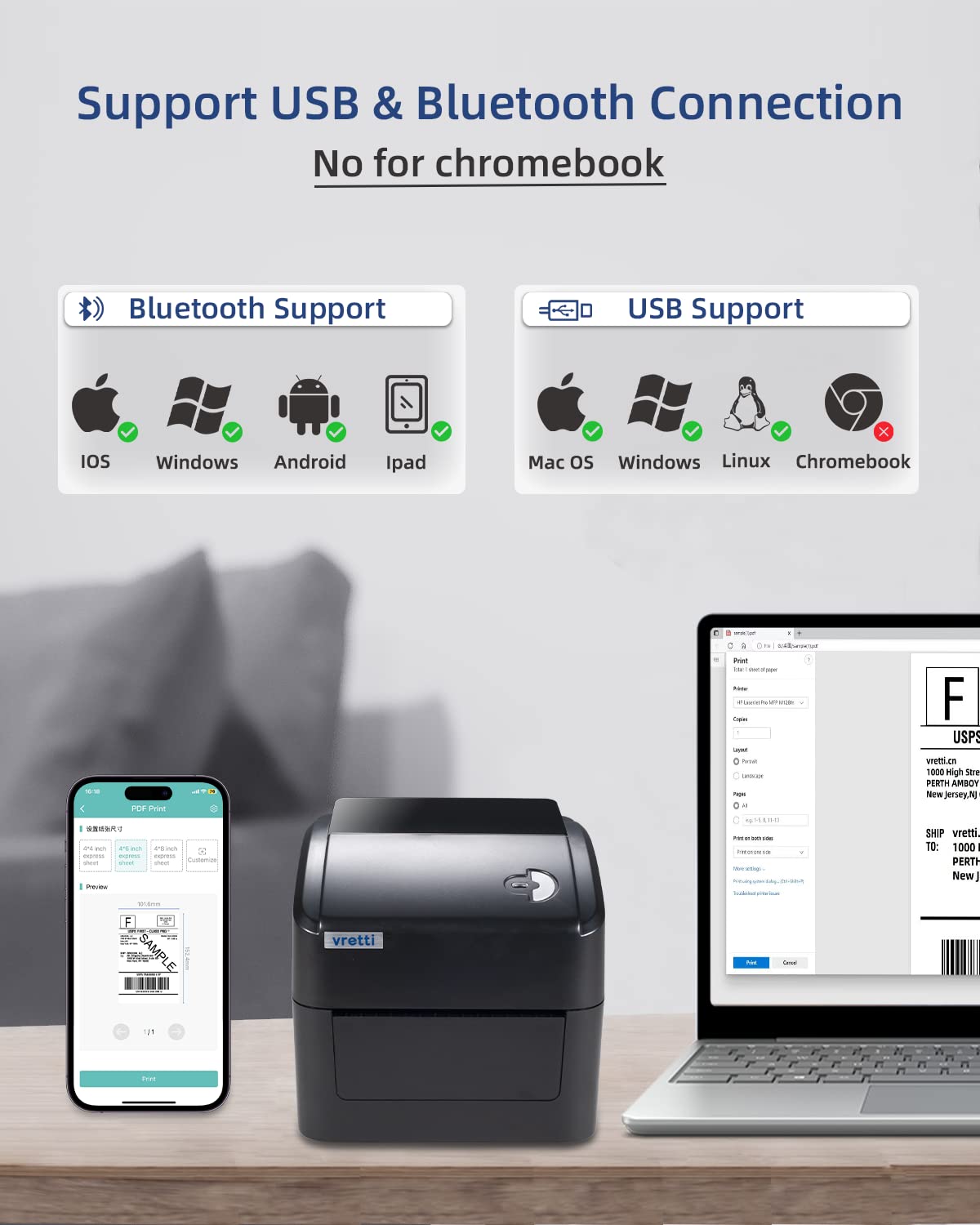 Vretti Bluetooth Thermal Shipping Label Printer - Wireless 4x6 Label Maker for eBay, Amazon, USPS, Shopify | Compatible with Android, iPhone & Windows | Perfect for E-commerce Sellers & Small Business Shipping Needs
