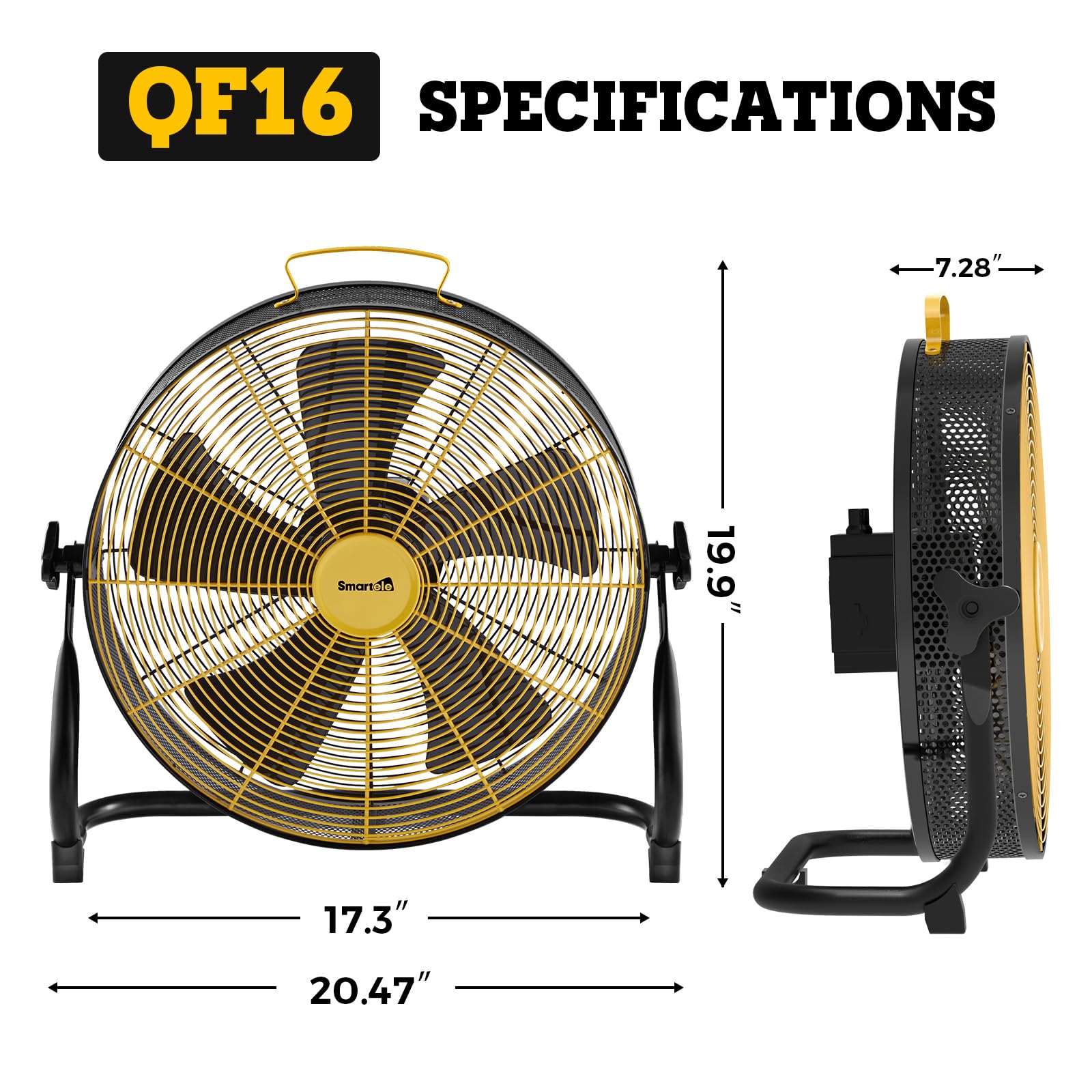 QF16 16 Inch High Velocity Rechargeable Floor Fan - 15000mAh Battery, Fast Charging, 2500 CFM - Perfect for Patio, Gym, Camping, Travel & Backyard Use | Indoor & Outdoor Cooling Solution for Home, Office & Events