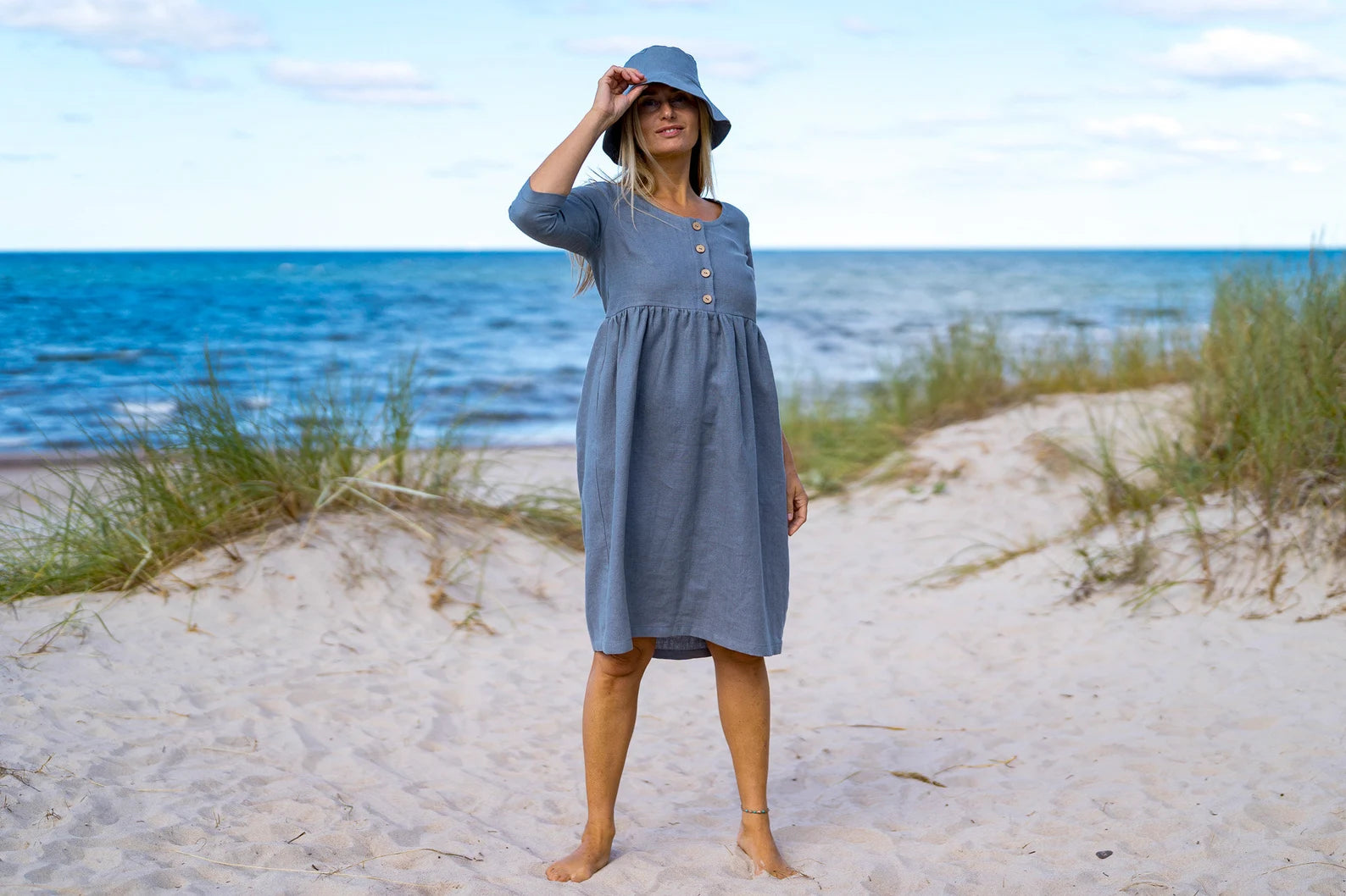 BARBARA Grey Linen Maternity Dress with 3/4 Sleeves - Comfortable Pregnancy Outfit for Casual Wear & Summer Maternity Photos