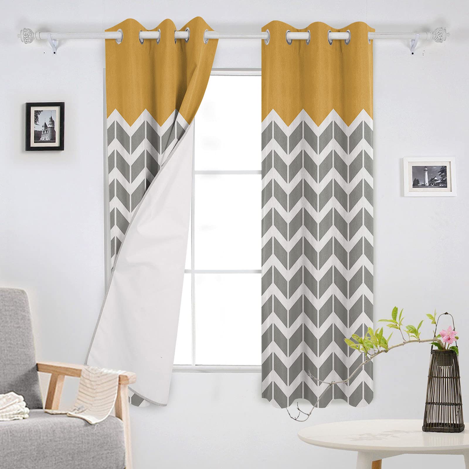 Blackout Curtains for Living Room & Bedroom - Thermal Insulated Geometric Chevron Pattern Orange Window Drapes (52x84 Inch, 2 Panels) | Grommet Top Room Darkening Curtains for Better Sleep & Energy Efficiency