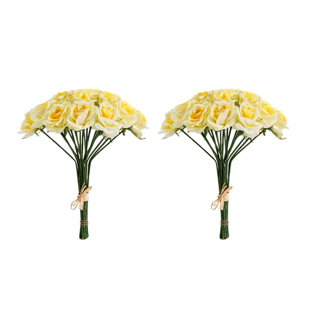 Happyyami 2 Pack 18 Stems Artificial Silk Rose Flowers Bouquet - Realistic Fake Roses for Home Decor, Wedding Centerpieces, Bridal Shower, Party & Festival Decorations (Yellow) - Perfect for Table Arrangements, Vase Displays and DIY Floral Crafts