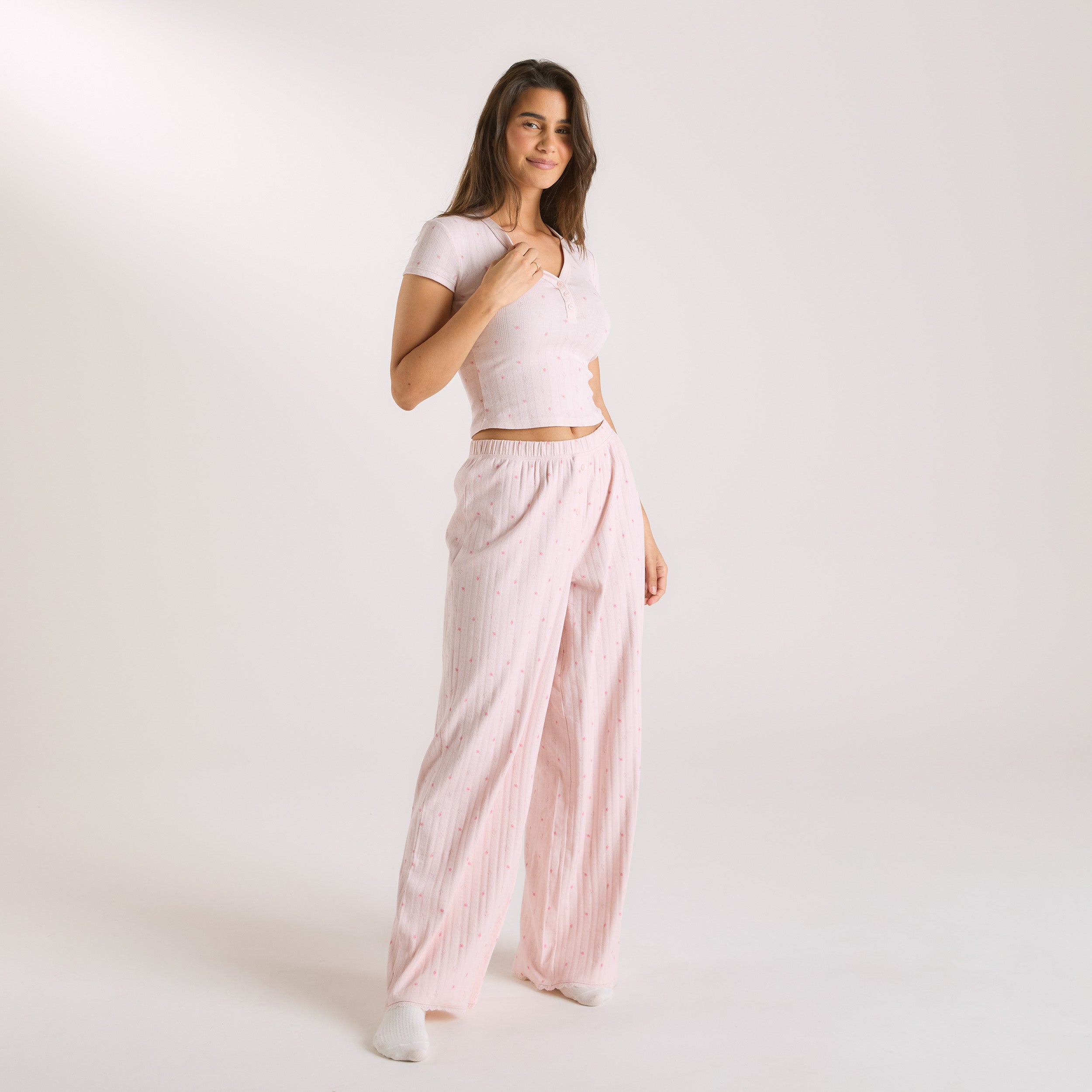 Pointelle Pajama Top - Soft Pink Floral Sleepwear for Women | Comfortable & Breathable Nightwear for Relaxation & Lounging