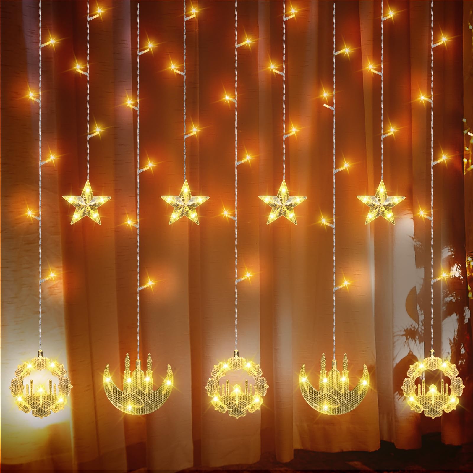 Riakrum 2 Pack 9.84ft LED Fairy Curtain Lights with Star Moon Castle Design - Indoor Window Decor for Ramadan, Eid, Christmas, Wedding & Holiday Parties - Perfect for Home Decoration and Festive Gifts