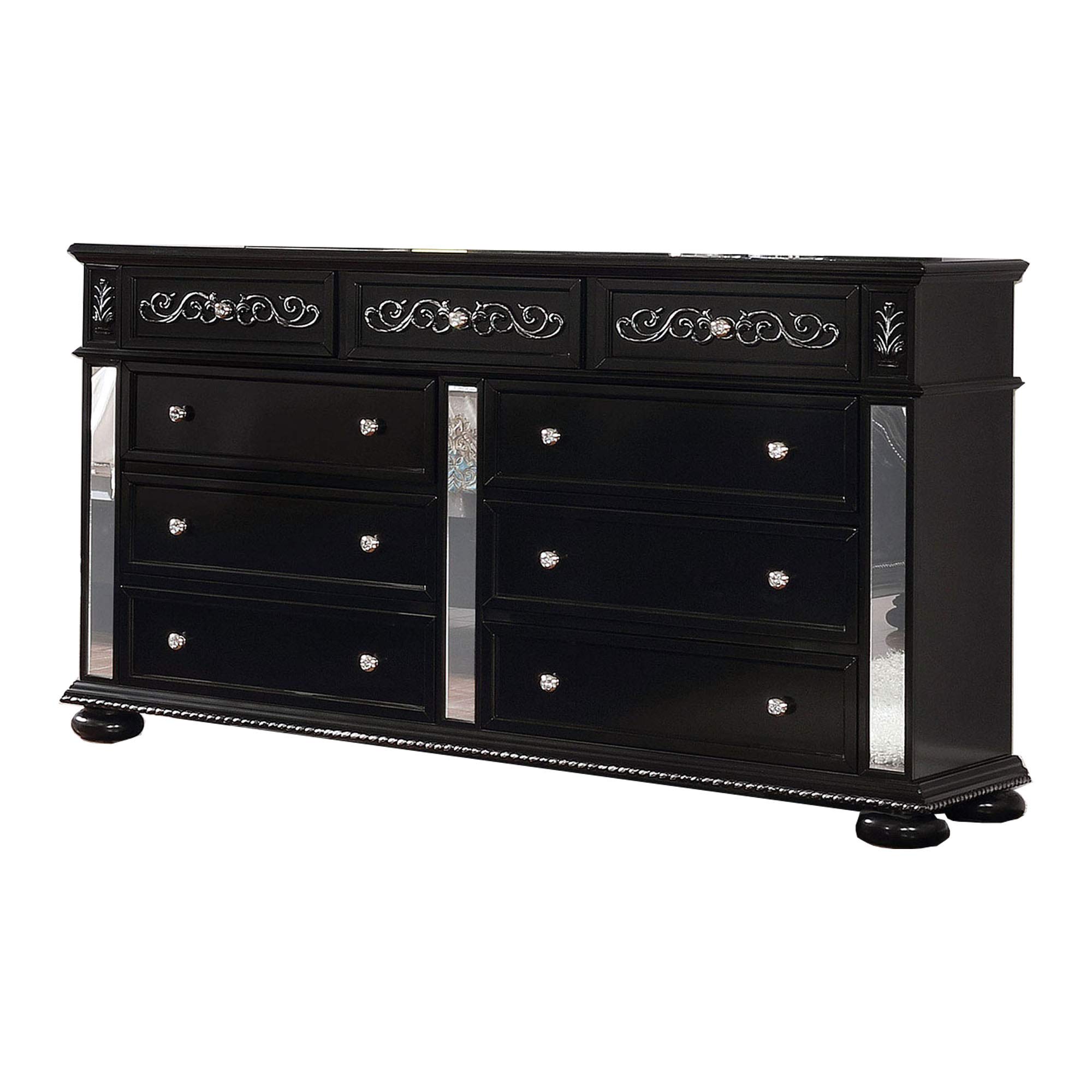 Benjara Black & Clear Wooden 9-Drawer Dresser with Mirror Inset & Bun Feet - Perfect for Bedroom Storage & Organization