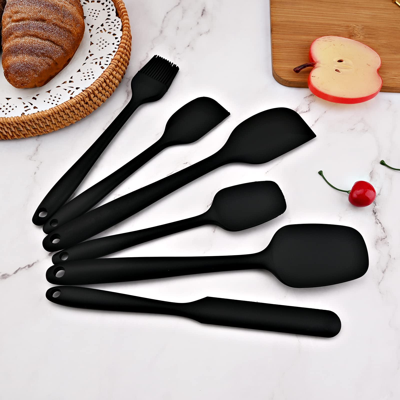 6-Piece Black Silicone Rubber Spatula Set - One-Piece Design Kitchen Utensils for Baking, Cooking & Mixing - Heat Resistant, Non-Stick, Dishwasher Safe - Perfect for Cake Decorating, Cookie Dough & Sauce Stirring