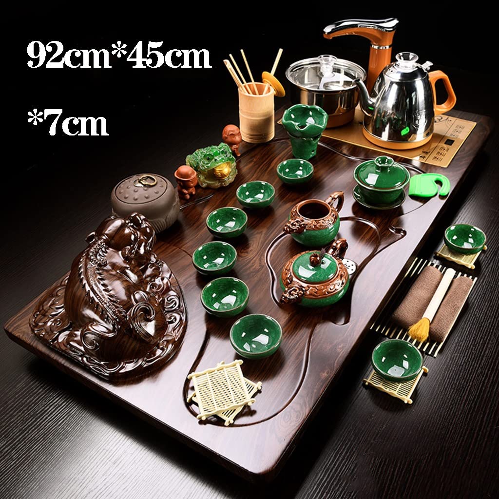 Premium Chinese Kung Fu Tea Set - Ceramic Tea Ceremony Table Set with Wooden Tray & Drainage System | Complete Tea Serving Tray with Automatic Water Heater | Perfect for Home Tea Parties, Zen Meditation & Asian Cultural Events (Style-1)