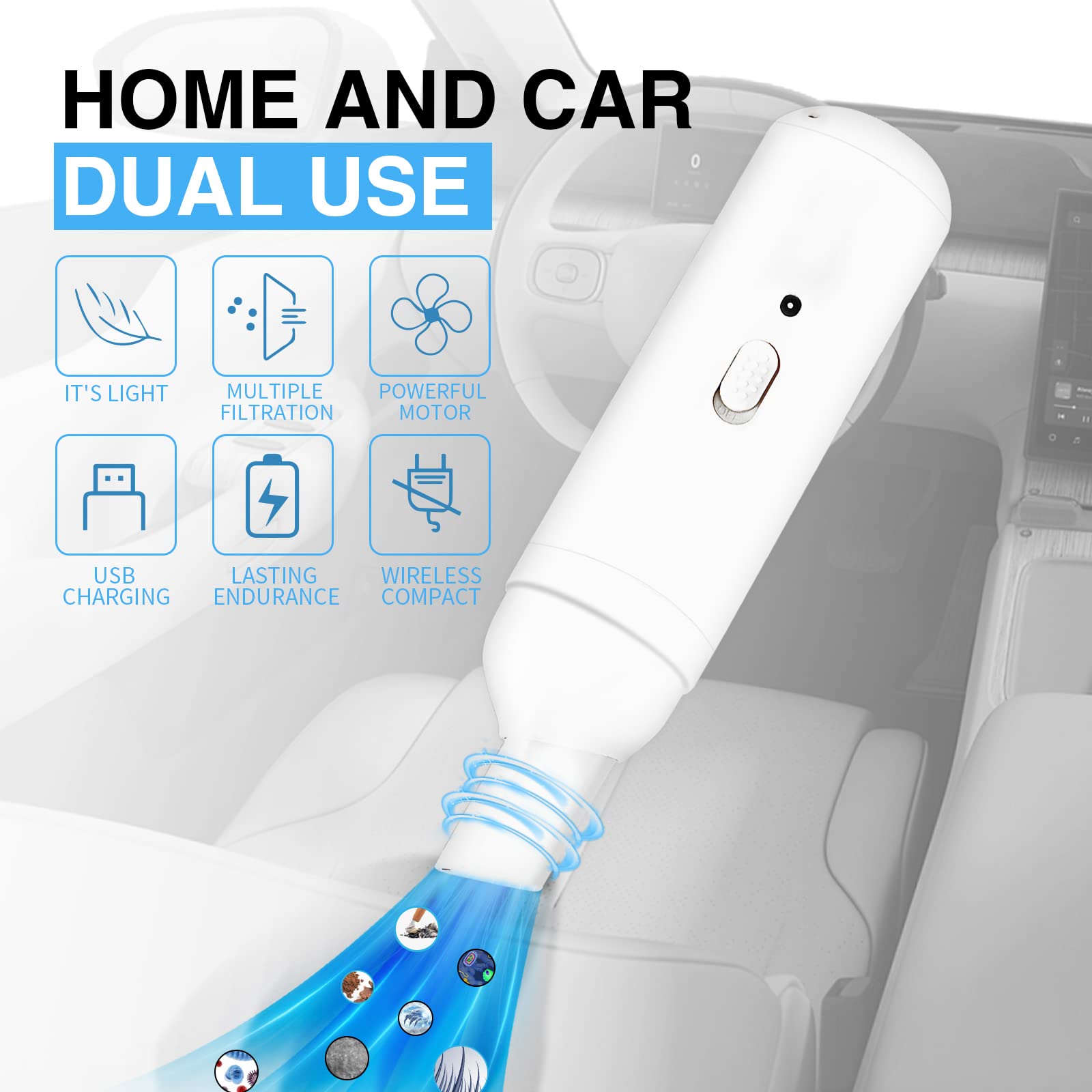 Mini Portable Cordless Car Vacuum Cleaner - Handheld USB Rechargeable for Quick Cleaning Pet Hair, Dust in Home, Office & Car (White) | Perfect for Car Seats, Upholstery & Small Spaces