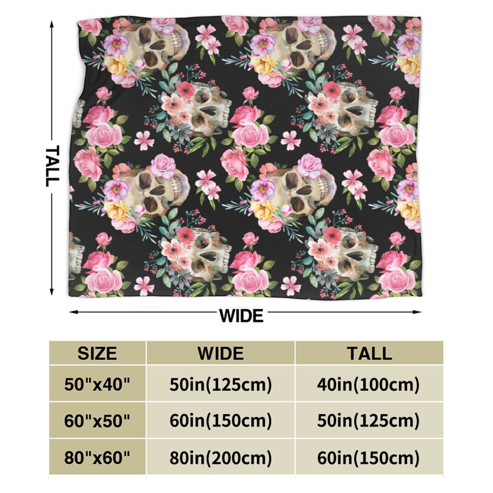 Goth Floral Skull Blanket - Ultra Soft Plush Lightweight Flannel Throw for All Seasons - 60