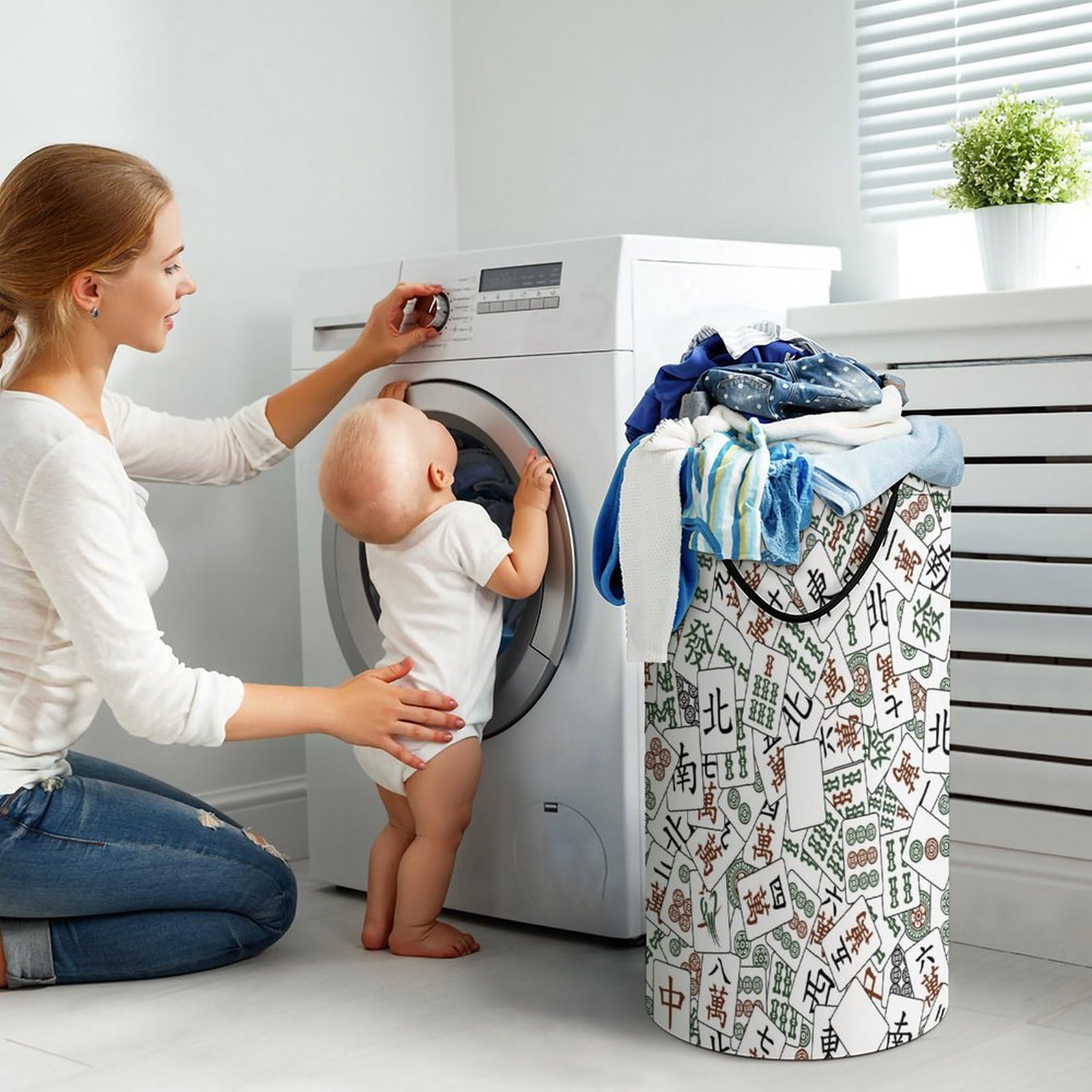 Collapsible Mahjong Tiles Laundry Hamper with Handle - Foldable Clothes Basket for Bedroom, Bathroom & Dorm | Perfect for Laundry Storage & Organization