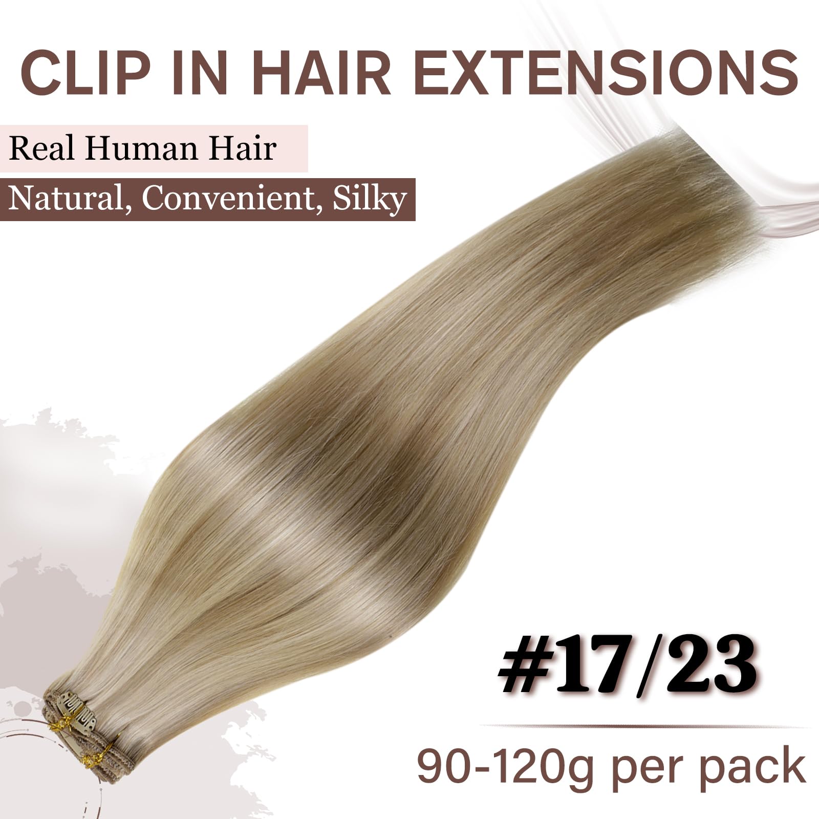 Premium 12 Inch Human Hair Clip-In Extensions - Dirty Blonde with Highlights (7pcs 90g) #17/23 - Natural Looking Short Hair Extensions for Women - Perfect for Volume Boost & Everyday Styling