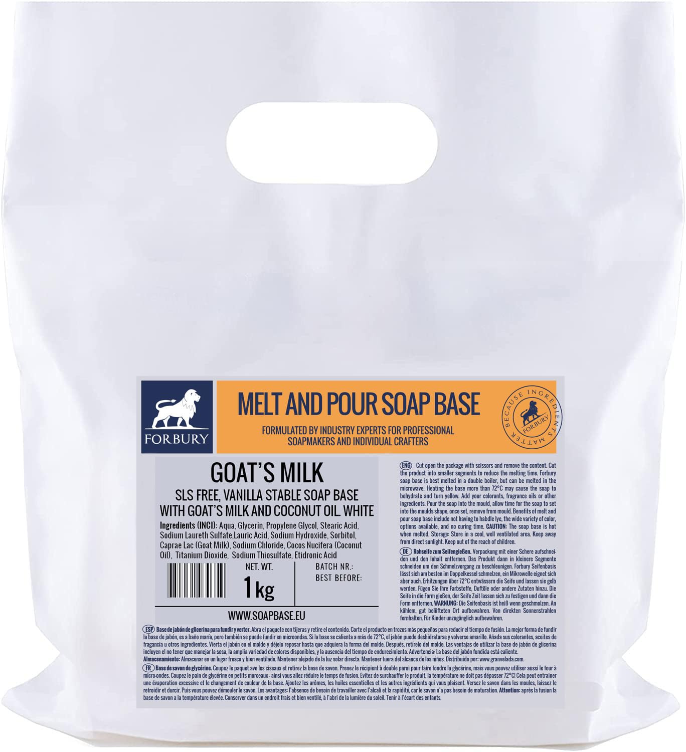 2.2lb Goat's Milk Melt and Pour Soap Base - SLS Free, Vanilla Stable for DIY Handmade Soap Making, Bath & Body Care, Gifts & Home Spa Use