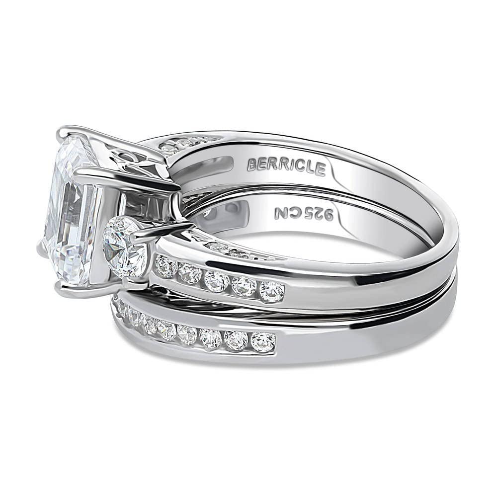 BERRICLE Sterling Silver 3-Stone Wedding Engagement Ring Set for Women - 2.1 Carat Emerald Cut Cubic Zirconia CZ, Rhodium Plated, Size 4-10 | Elegant Bridal Jewelry for Proposals, Anniversaries & Special Occasions