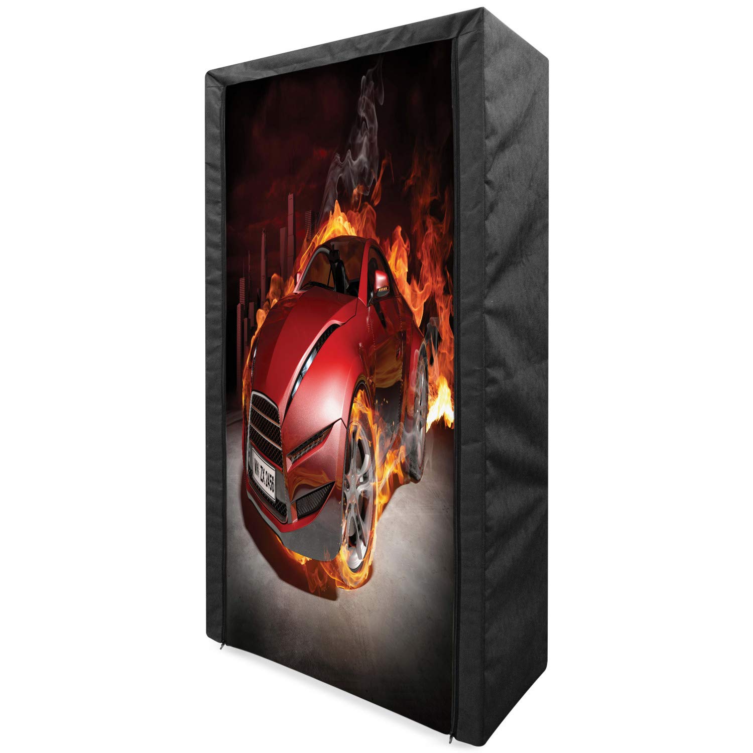 Ambesonne Portable Fabric Wardrobe with Shelves - Red Sports Car Burnout Tires Design, 33.5