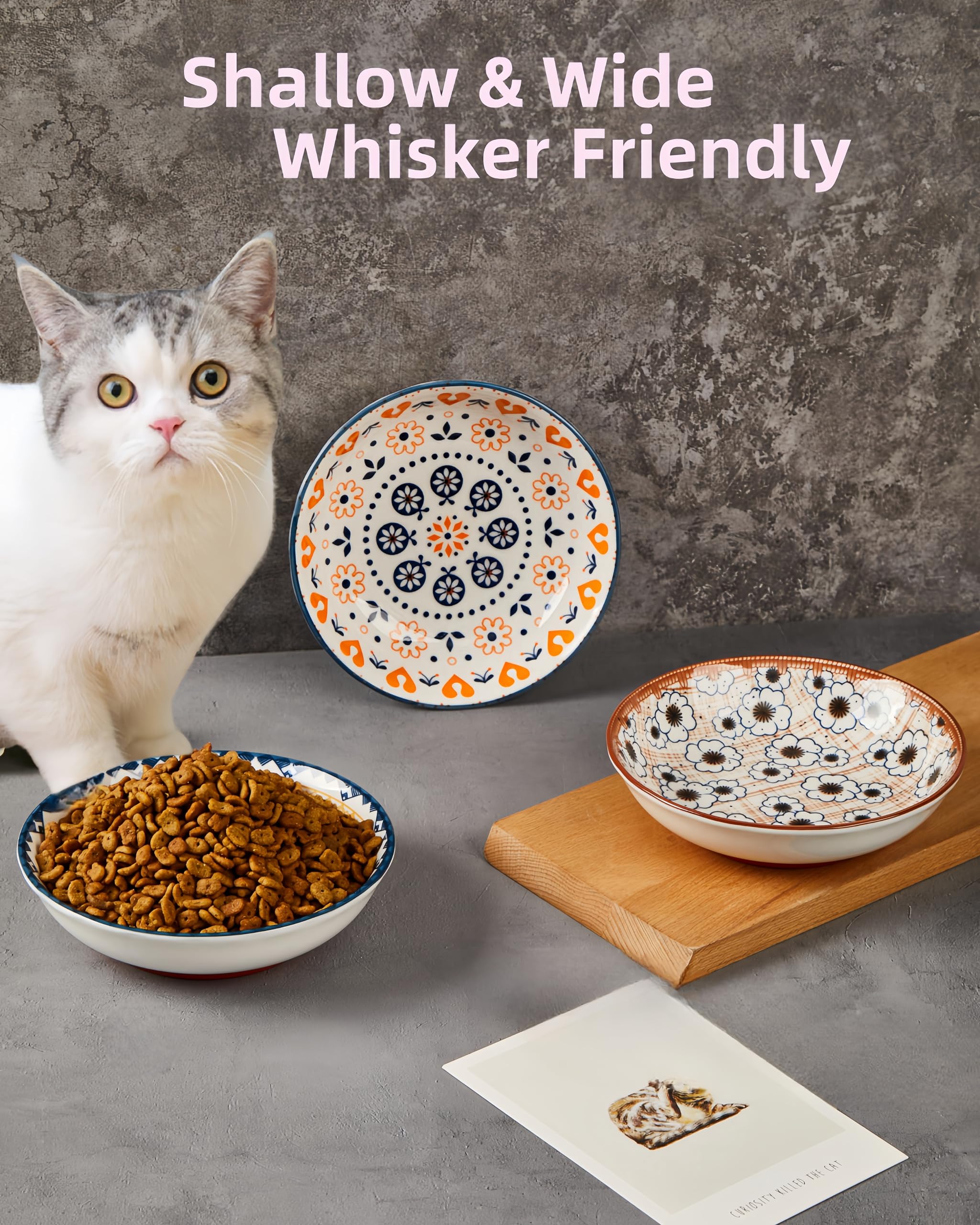 3-Pack Ceramic Cat Food Bowls with Non-Slip Silicone Base - 5.5
