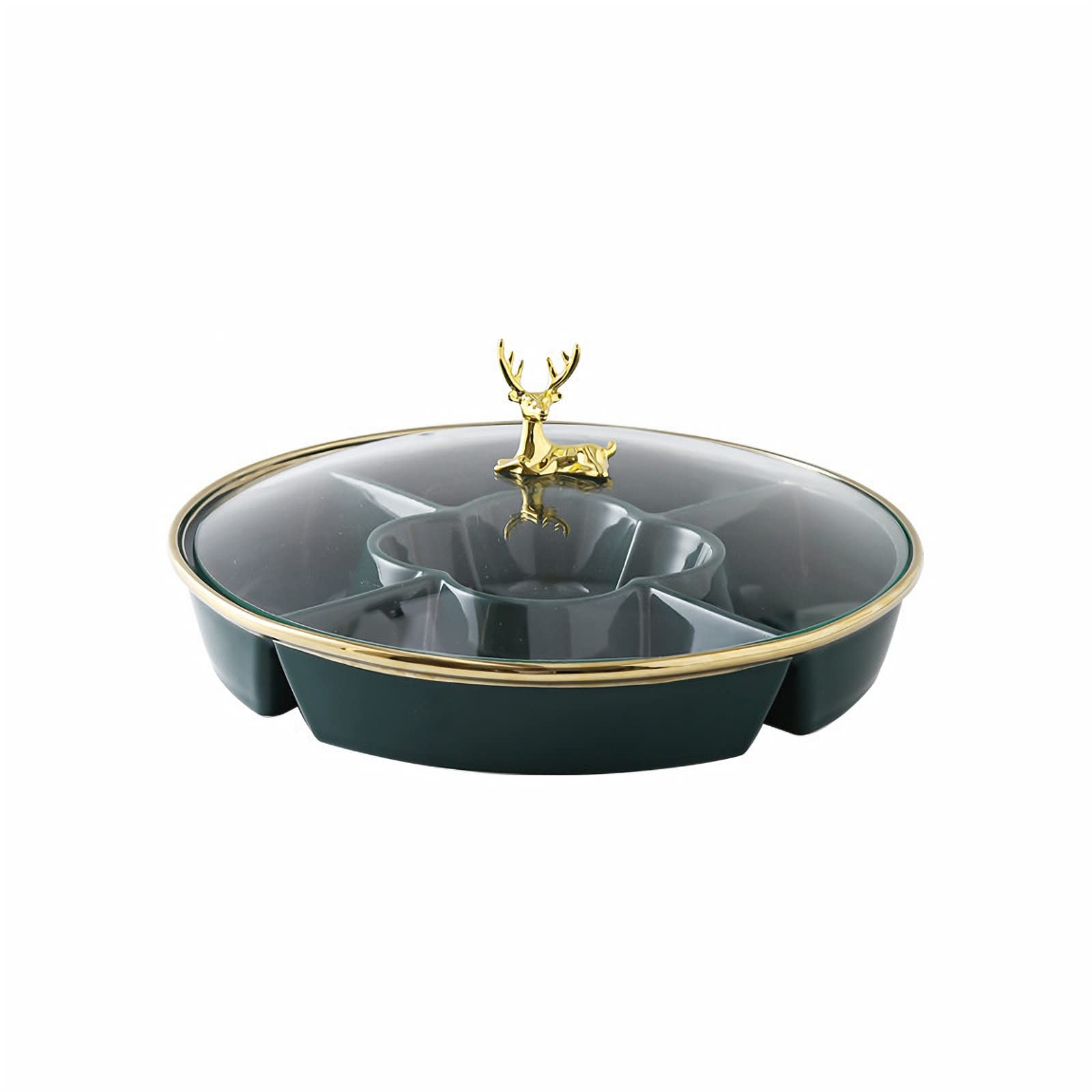 Ceramic Snack Tray with Lid - Dried Fruit, Nut & Candy Serving Plate - Appetizer Divider Container - Green (Perfect for Parties, Picnics & Home Entertaining)