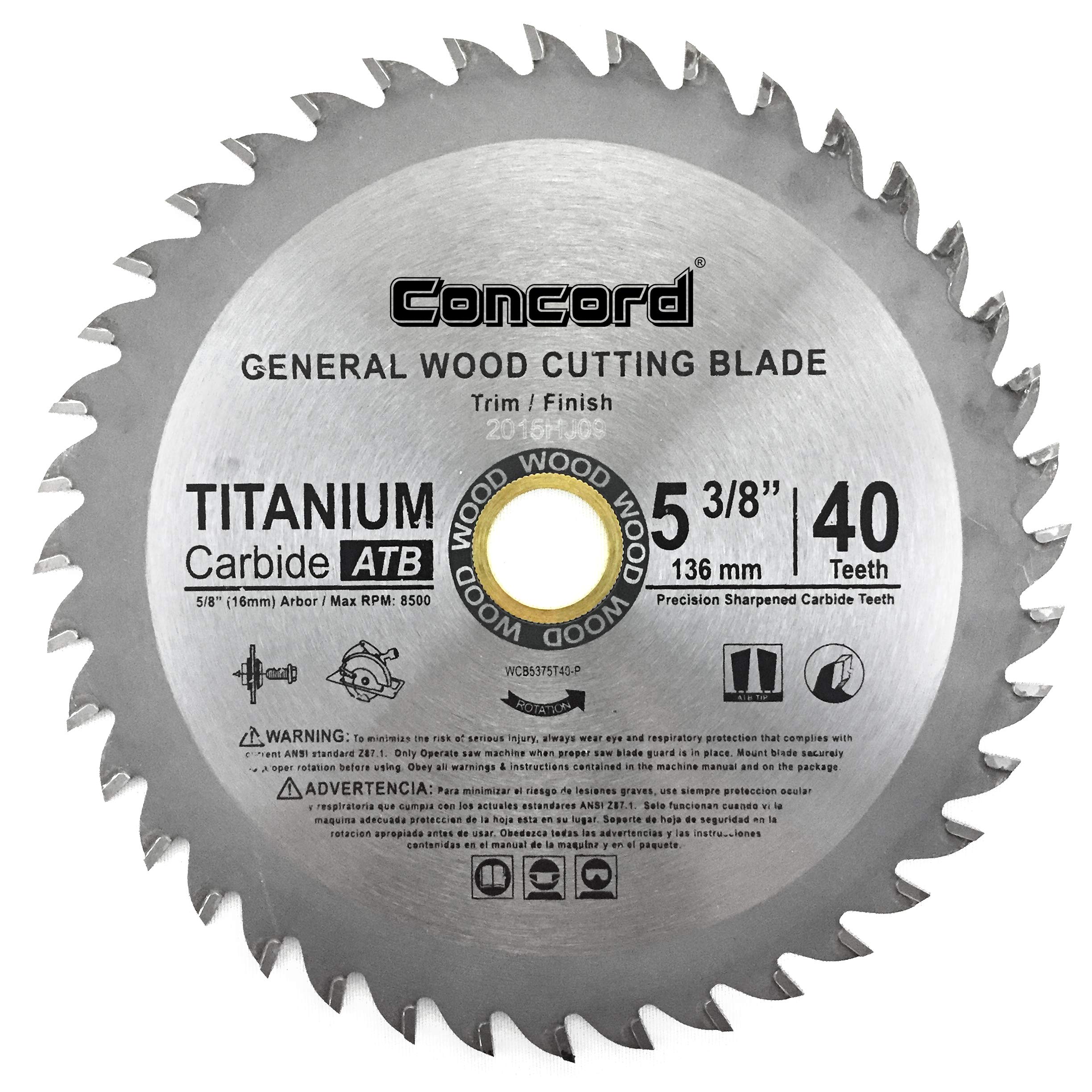 Concord Blades WCB0538T040HP 5-3/8-Inch 40 Teeth TCT Saw Blade for Hardwood & Softwood Cutting - Perfect for DIY Projects, Carpentry, and Woodworking Tasks