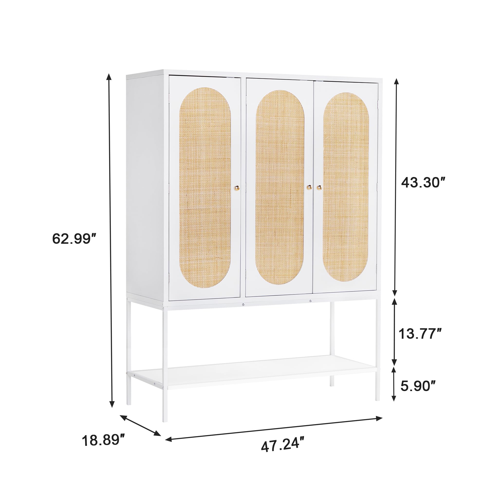 Freestanding Rattan Wardrobe Closet with Storage Cubes & Hanging Rod - 3-Door White Cabinet for Bedroom Organization | Perfect for Small Spaces, Apartments & Dorm Rooms