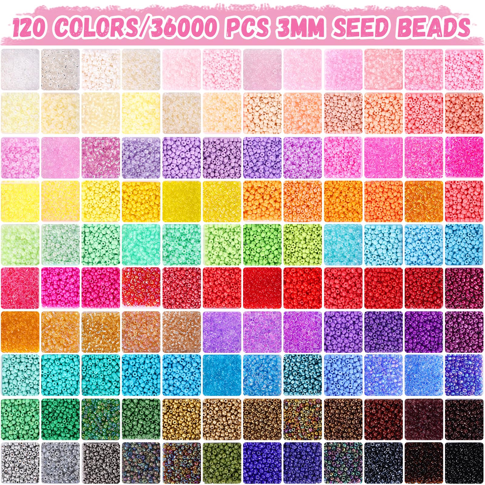 Funtopia 3mm 37,000+ Seed Beads for Jewelry Making - 120 Color Small Glass Beads Kit with Alphabet Letters & Smiley Faces | DIY Bracelets, Friendship Jewelry, Arts & Crafts Projects (Perfect for Gifts, Party Favors & Creative Designs)