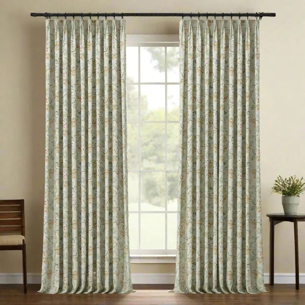 Bohemian Botanical Pleated Drapery Curtains - 52 Inch Width - Elegant Boho Home Decor for Living Room & Bedroom