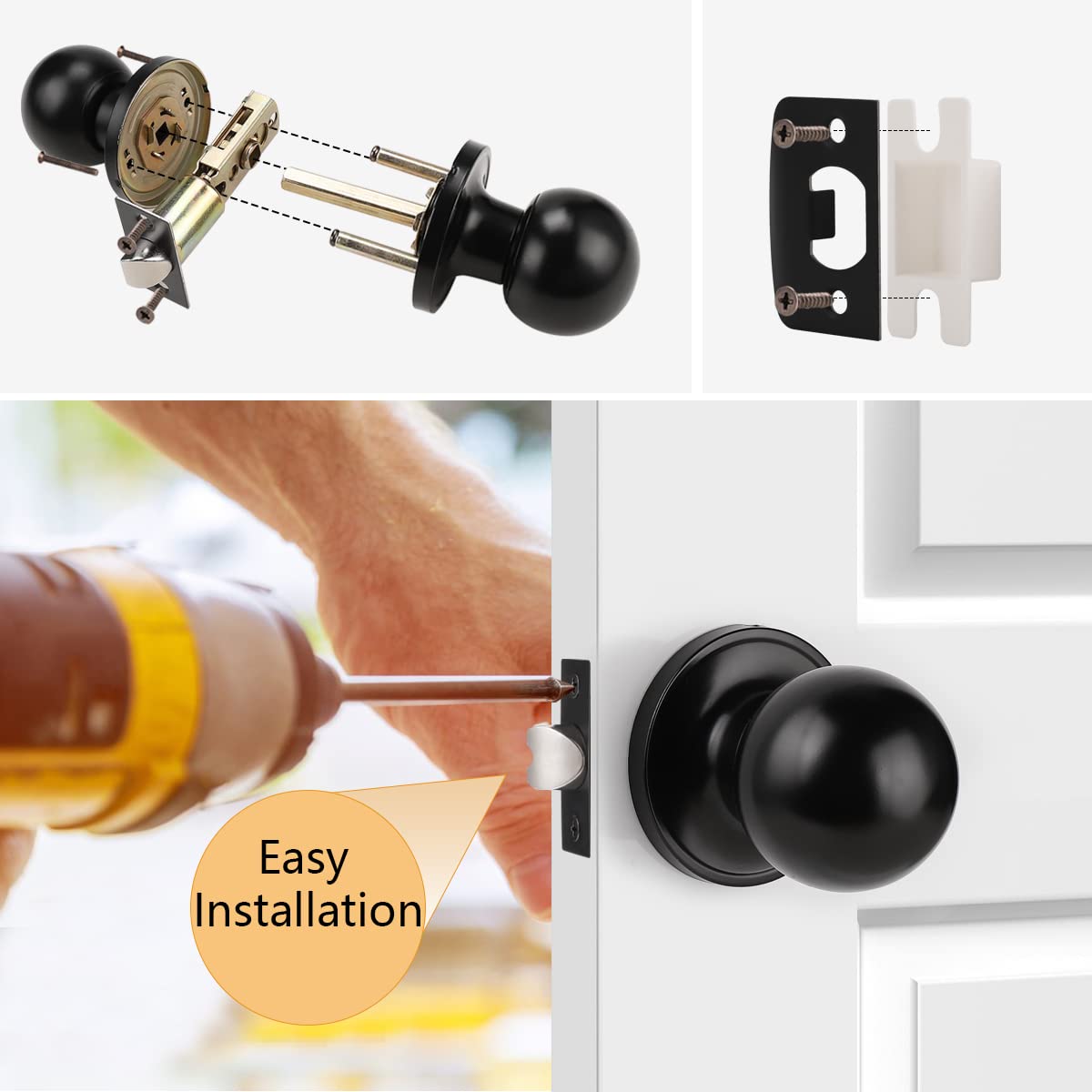 Probrico Black Round Ball Passage Door Knob - Keyless Non-Locking Interior Door Handle for Hallway & Closet (1 Pack) - Perfect for Bedrooms, Bathrooms & Interior Doors