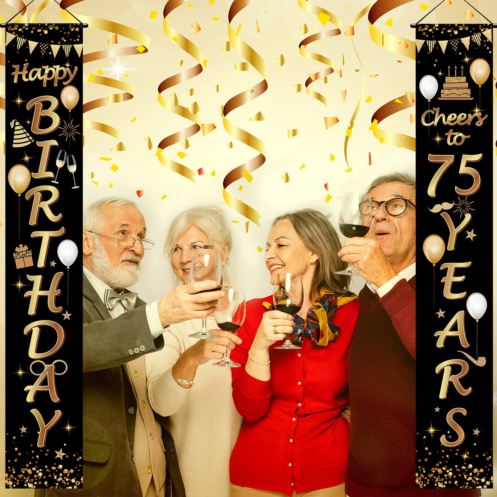 2 Pack 75th Birthday Party Decorations - Cheers to 75 Years Banner & Porch Sign Set (71x12 Inches) for Door Hanging, Wall Decor - Perfect for Milestone Birthday Celebrations, Retirement Parties & Family Gatherings