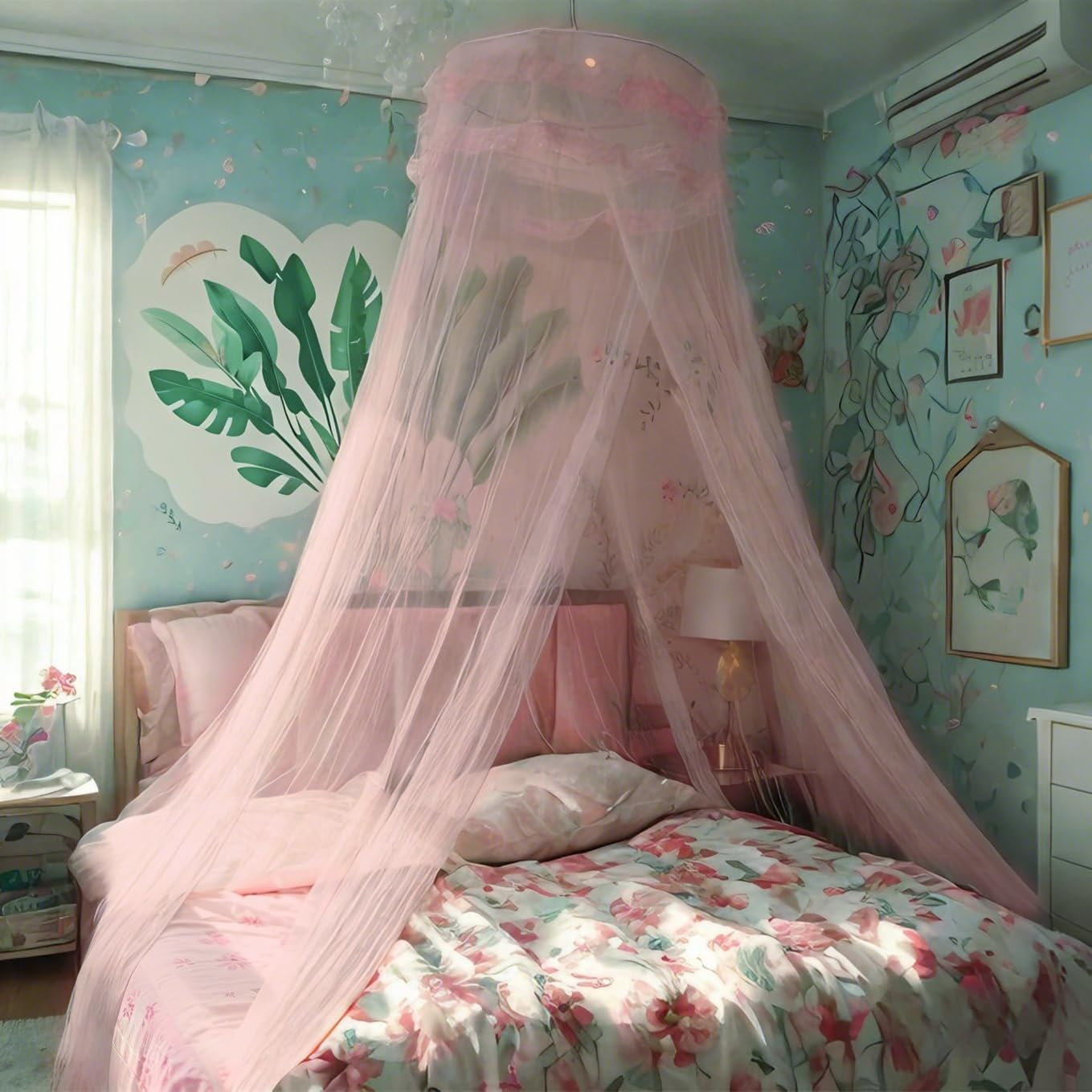 Eimilaly Pink Lace Bed Canopy Mosquito Net - Princess Style Single Door Canopy for Girls' Bedroom Decor | Perfect for Kids Room, Nursery, or Fairy Tale Themed Bedrooms