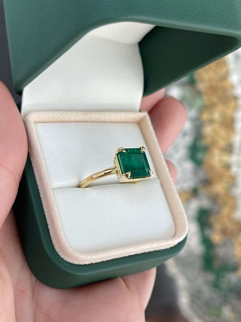 3.85 Carat Mossy Dark Green Emerald Asscher Cut Solitaire Engagement Ring in 18K Gold - Perfect for Proposals, Weddings & Anniversary Gifts