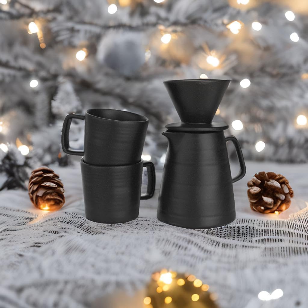 Premium Pour Over Coffee Maker Set with 2 Glass Mugs - Manual Non-Electric Drip Coffee Brewer - Dishwasher & Microwave Safe - Perfect for Home, Office & Camping (Black)