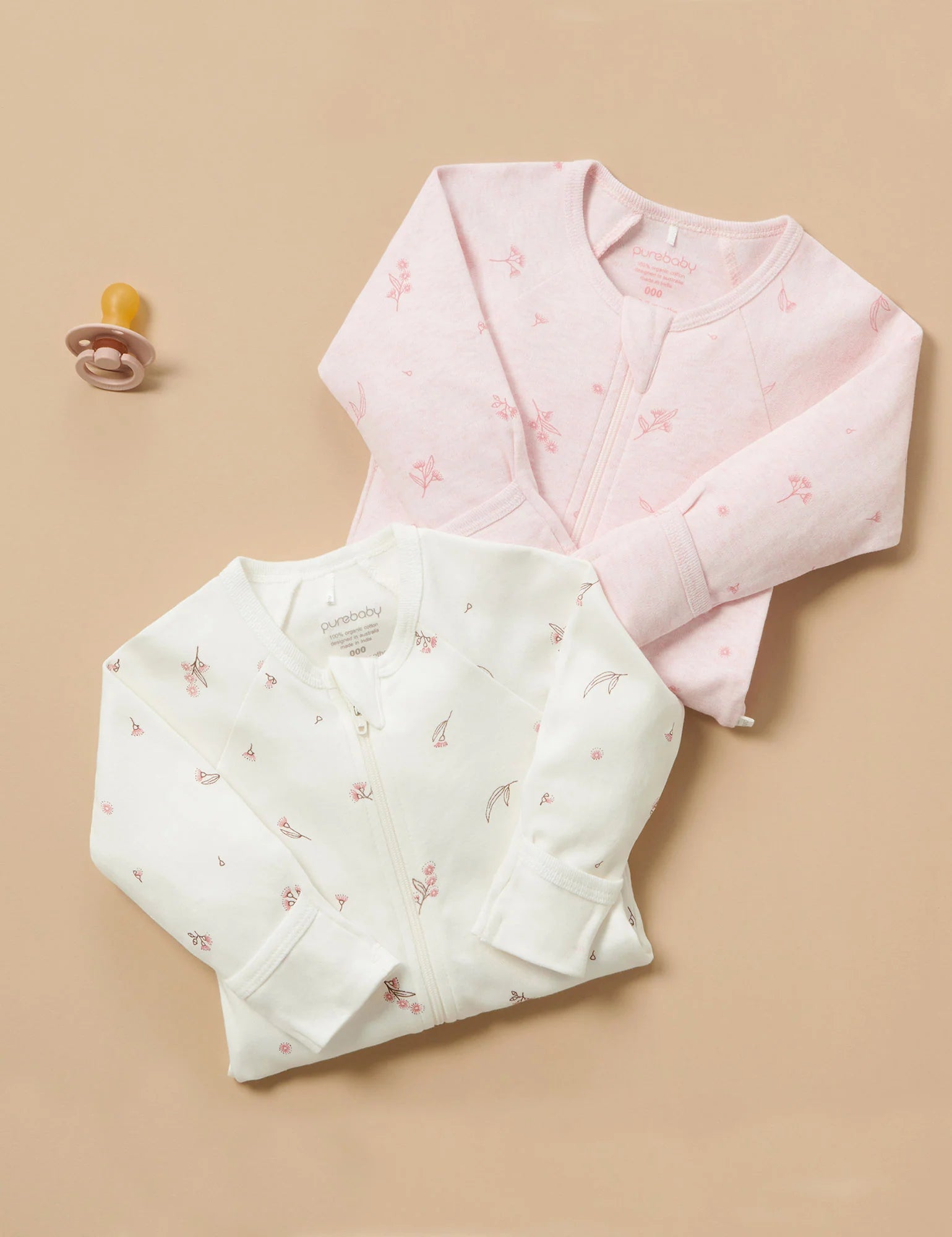 Purebaby Organic Zip Growsuit 2 Pack - Soft Cotton Baby Romper for Boys & Girls | Pale Pink Blossom | Perfect for Newborns, Infants & Toddlers | Ideal for Playtime, Sleepwear & Everyday Outfits