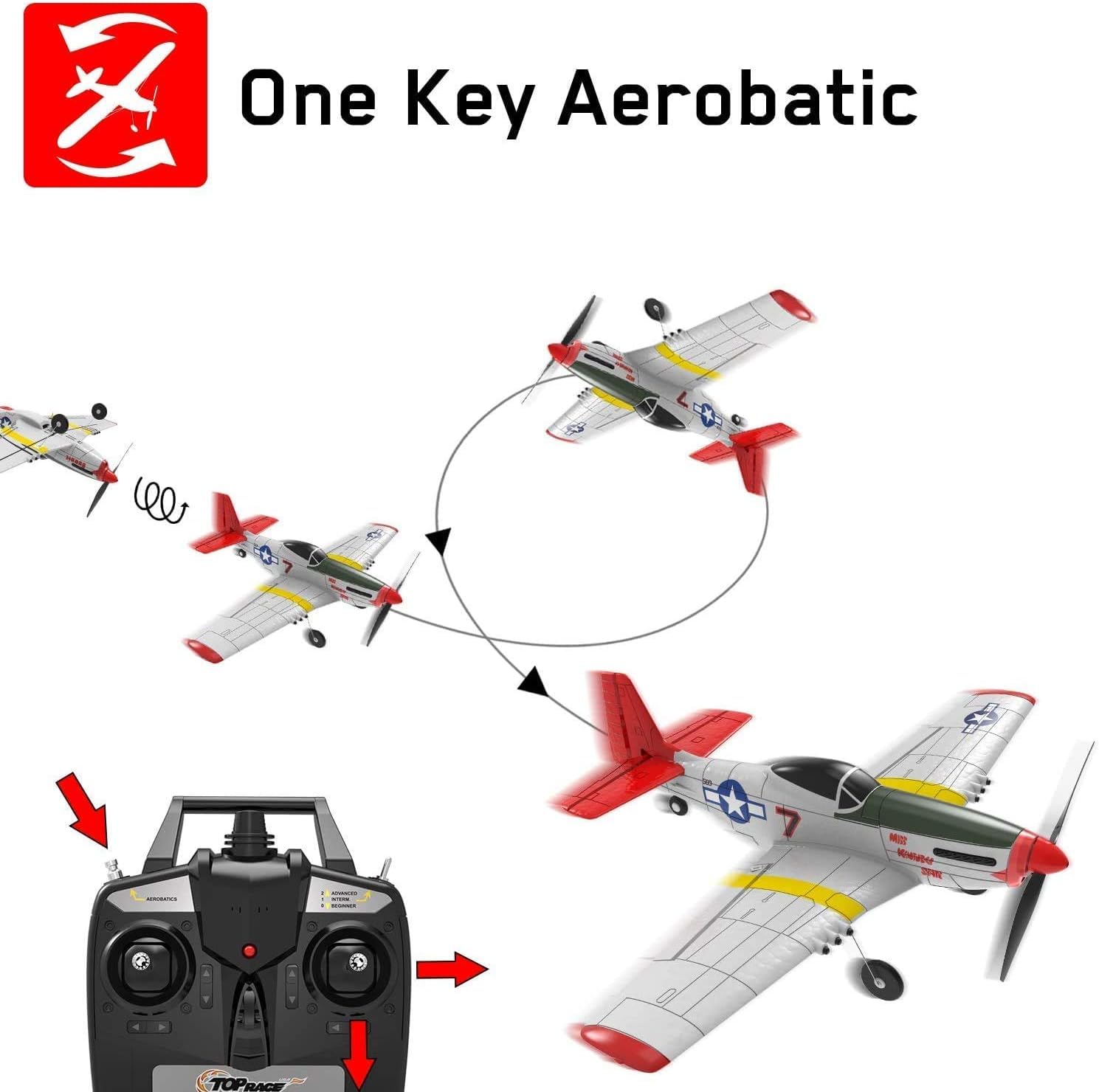 Top Race 4 Channel Ready to Fly RC Airplane for Adults - Advanced Remote Control Foam Plane, P51 Mustang & Cessna Style War Plane with Propeller Saver (14x15 Inch) - Perfect for Outdoor Flying, Hobbyists & RC Enthusiasts