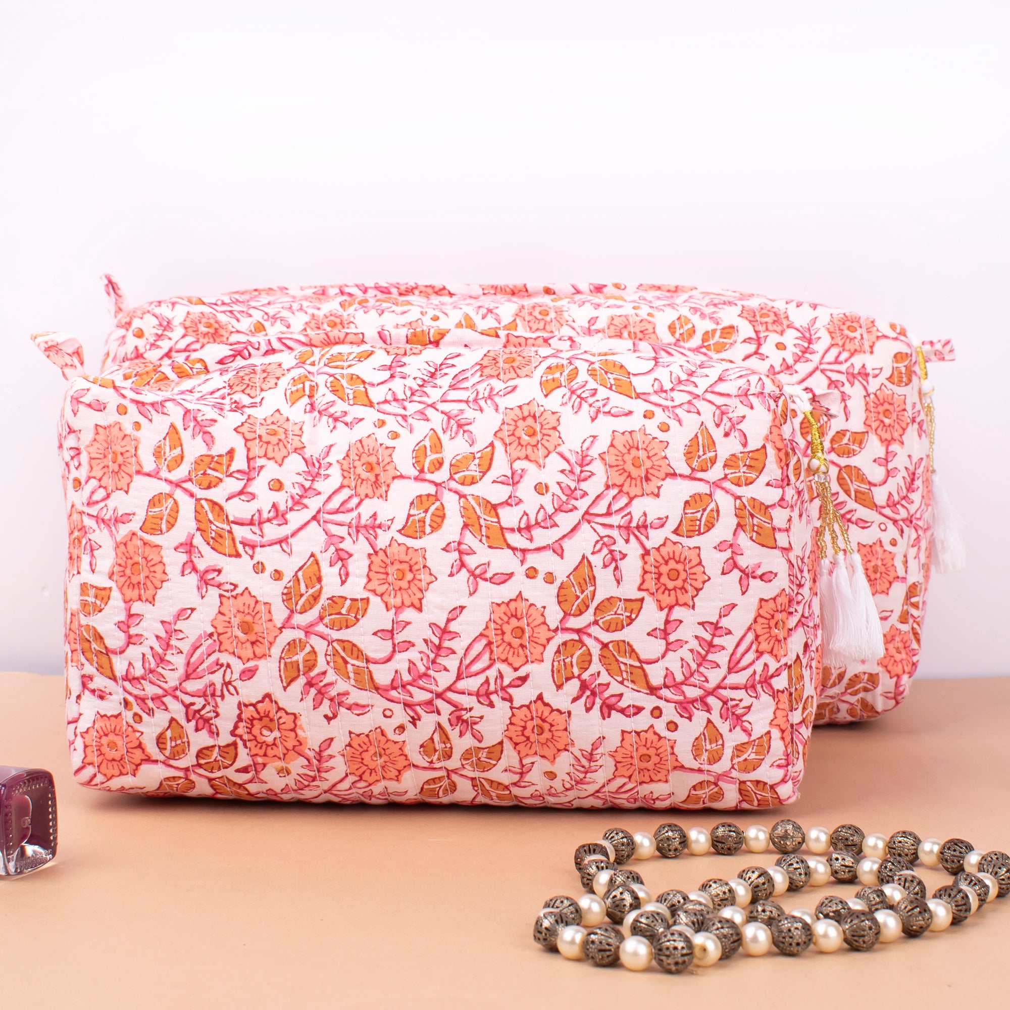 Soft Quilted Toiletry Bags for Women - Indian Block Printed Makeup Pouch Set | Vanity Organizer & Travel Cosmetic Bag | Perfect Gift for Bridal Shower, Bachelorette Party & Vacation Essentials