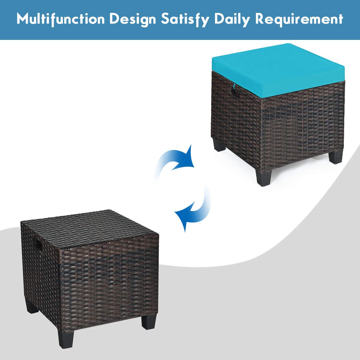 2PCS Rattan Wicker Ottoman Set with Removable Cushions - Patio Footstool & Footrest Seat - Outdoor Wicker Furniture for Home, Garden, Backyard (Turquoise) - Perfect for Relaxing on Your Deck or Poolside Lounge