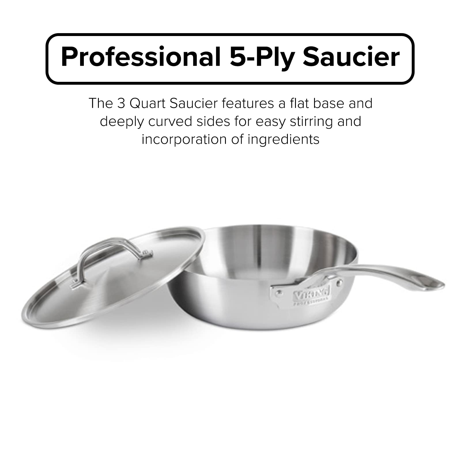 Viking 5-Ply Stainless Steel Sauce Pan with Lid - 3 Quart Saucier Cooking Pot - Dishwasher & Oven Safe - Induction Compatible - Silver - Perfect for Soups, Sauces, and Pasta Cooking