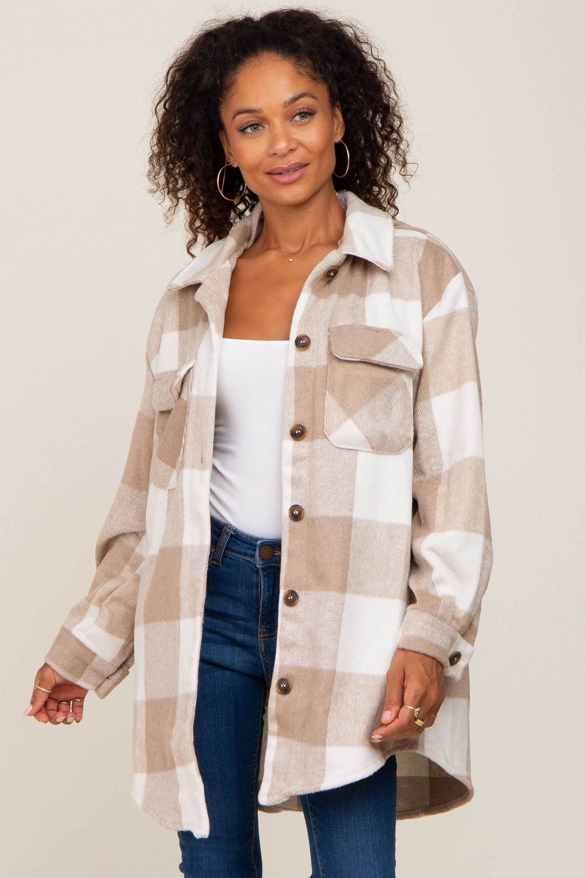 Soft Beige Plaid Brushed Long Shacket for Women - Cozy Oversized Button-Up Shirt Jacket for Fall & Winter Layering - Perfect for Casual Outfits, Workwear, and Outdoor Adventures