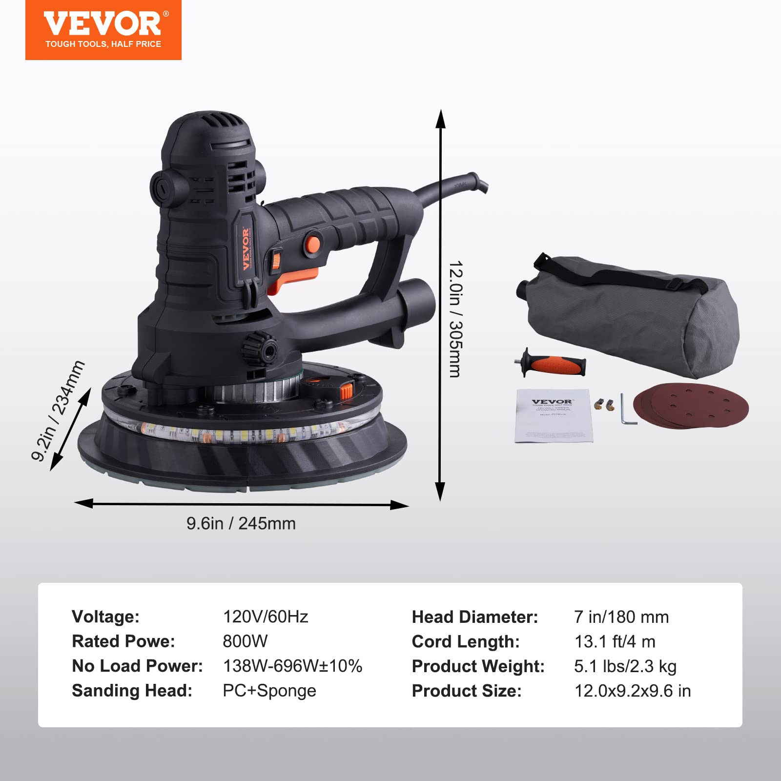 VEVOR 800W Electric Drywall Sander with 12 Sanding Discs, Variable Speed 1200-2300 RPM, Auto Vacuum Dust Collection System & LED Lights - Perfect for Wall Repair, Home Renovation, and Professional Construction Projects
