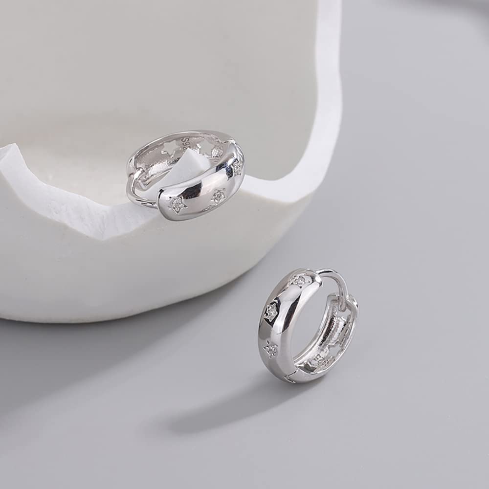 CZ Star Chunky Hoop Earrings - 925 Sterling Silver Hollow Star Huggie Earrings with Crystals | Small Round Hinged Cartilage Hoops for Women & Girls | Perfect for Casual Wear, Parties & Gifts