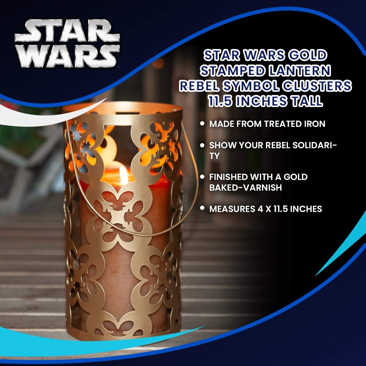Star Wars Iron Lantern with Handle - Gold Die Cut Rebel Symbol Clusters for Indoor & Outdoor Decor - 11.5 Inches Tall - Perfect for Star Wars Themed Parties, Home Theater Rooms, and Backyard Gatherings