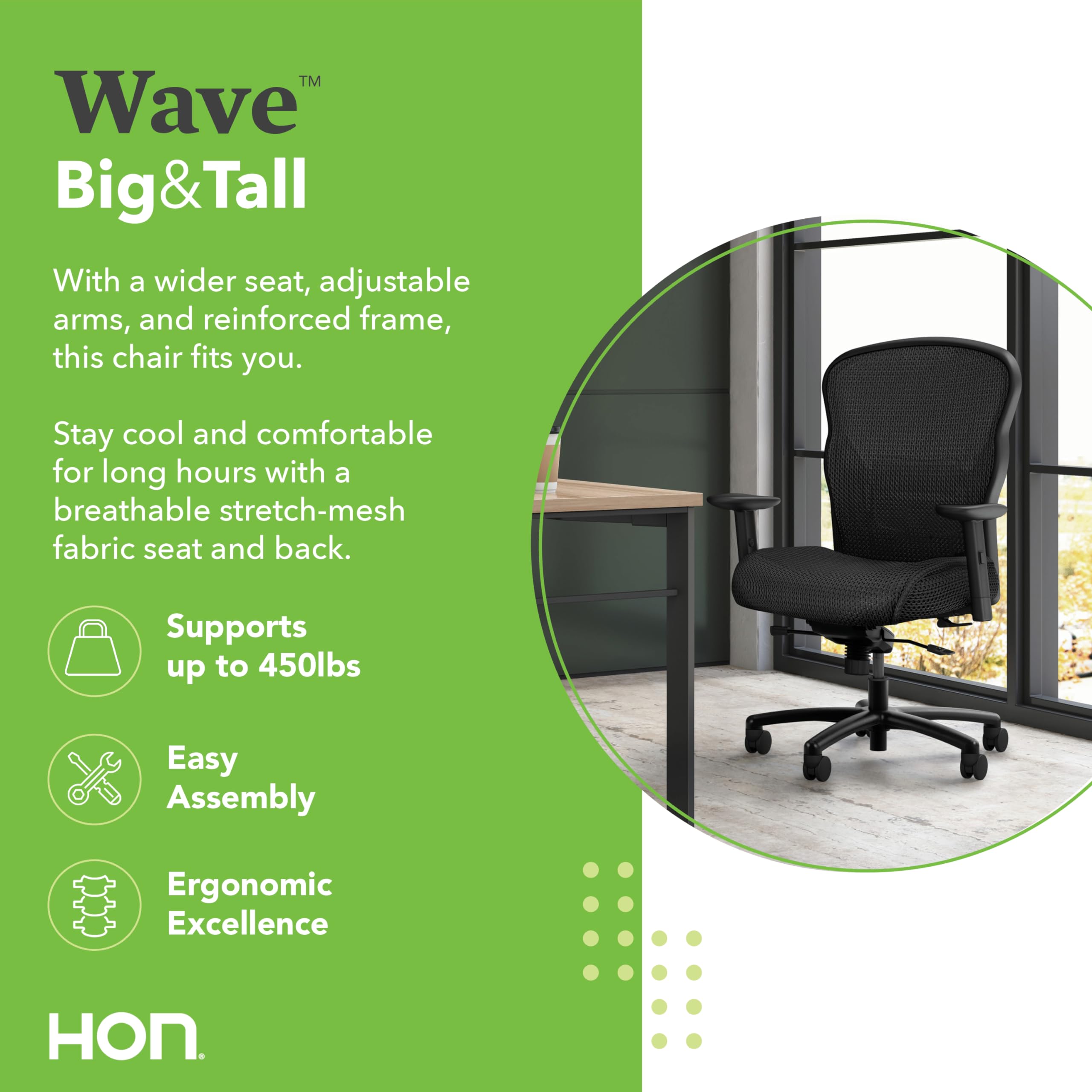HON Big and Tall Executive Chair - Ergonomic Mesh Office Chair with Adjustable Arms, Lumbar Support & Tilt Function, Black (VL705) - Perfect for Home Office, Gaming & Professional Workspaces