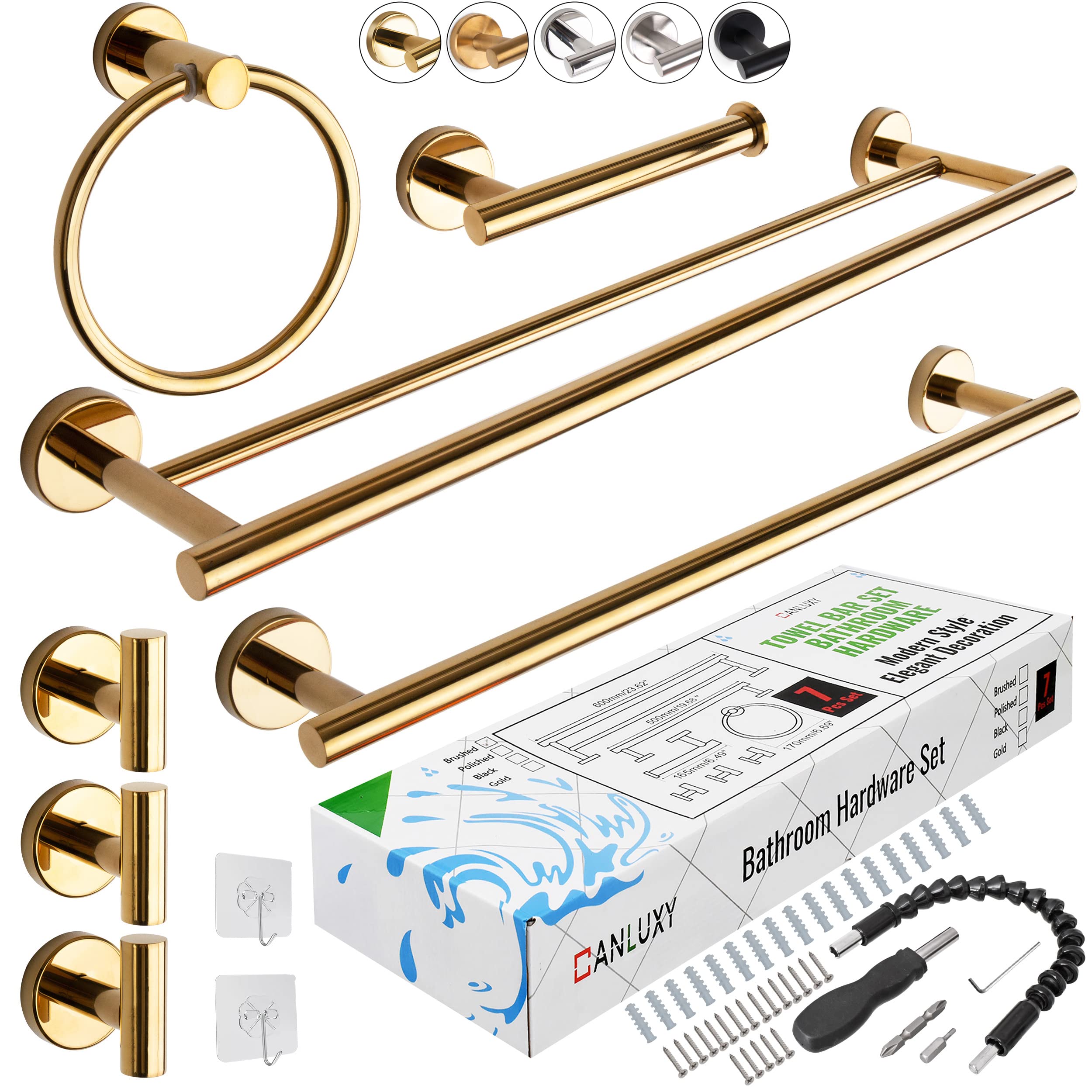 7-Piece Gold Polished Bathroom Hardware Set - Wall Mounted Towel Bar & Rack Set for Bathroom Accessories | Perfect for Modern Bathrooms, Spas & Guest Suites