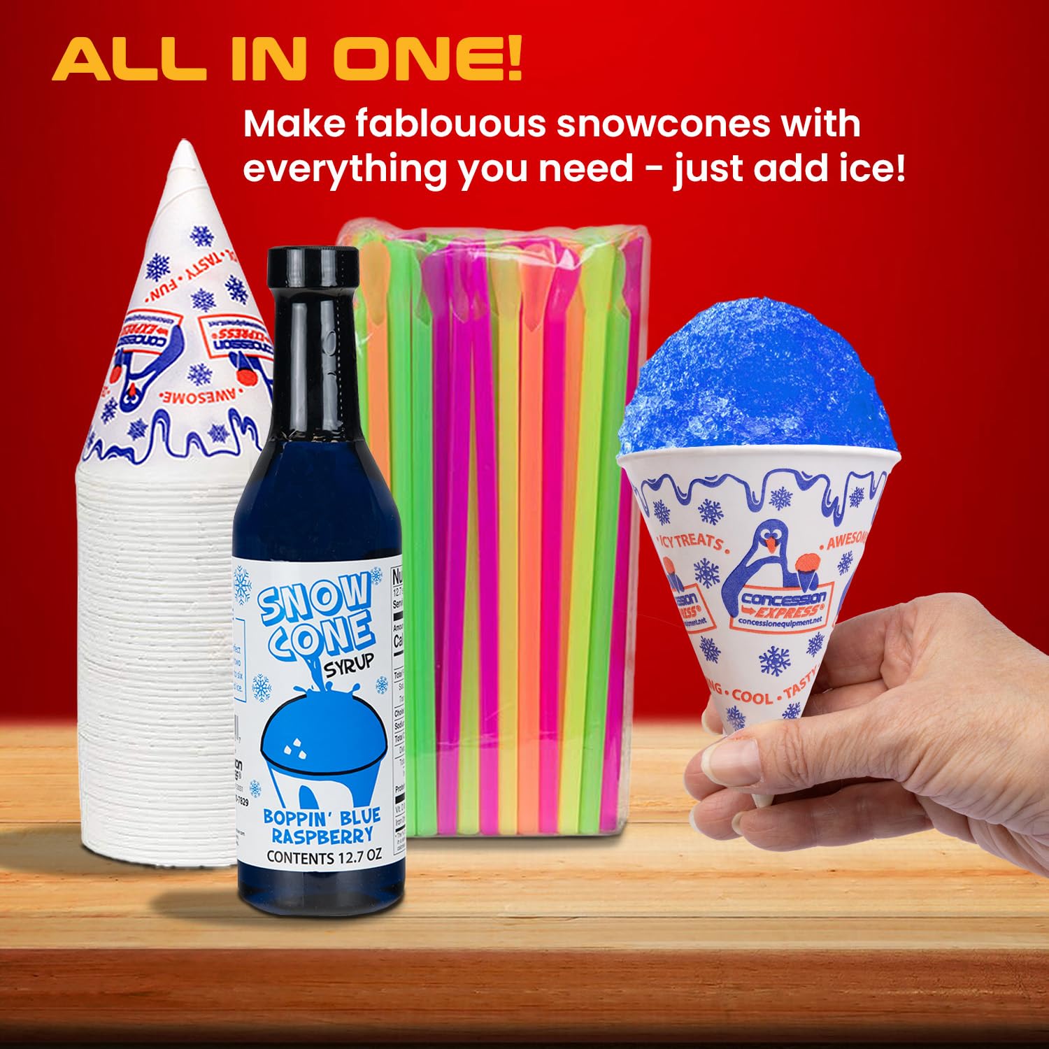 12.7oz Snow Cone Syrups (6 Pack) with Cups & Straws - Refreshing Summer Treat for Kids, Parties, Carnivals & Outdoor Events