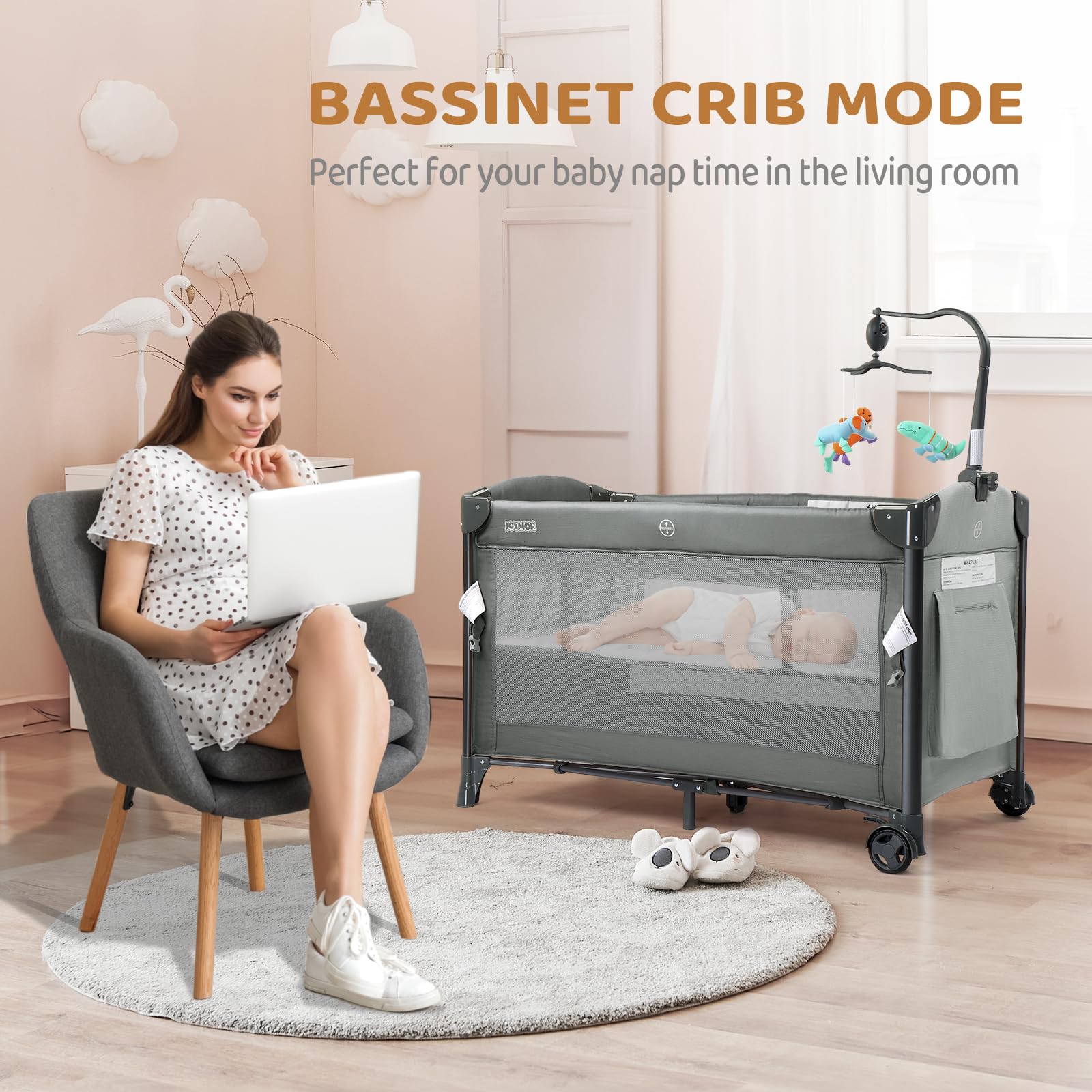 JOYMOR Portable Baby Bassinet & Playpen - Foldable Travel Bed with Wheels, Brake & Carry Bag for Newborns & Infants | Nursery, Bedside Sleeper & On-the-Go Baby Bed for Boys & Girls