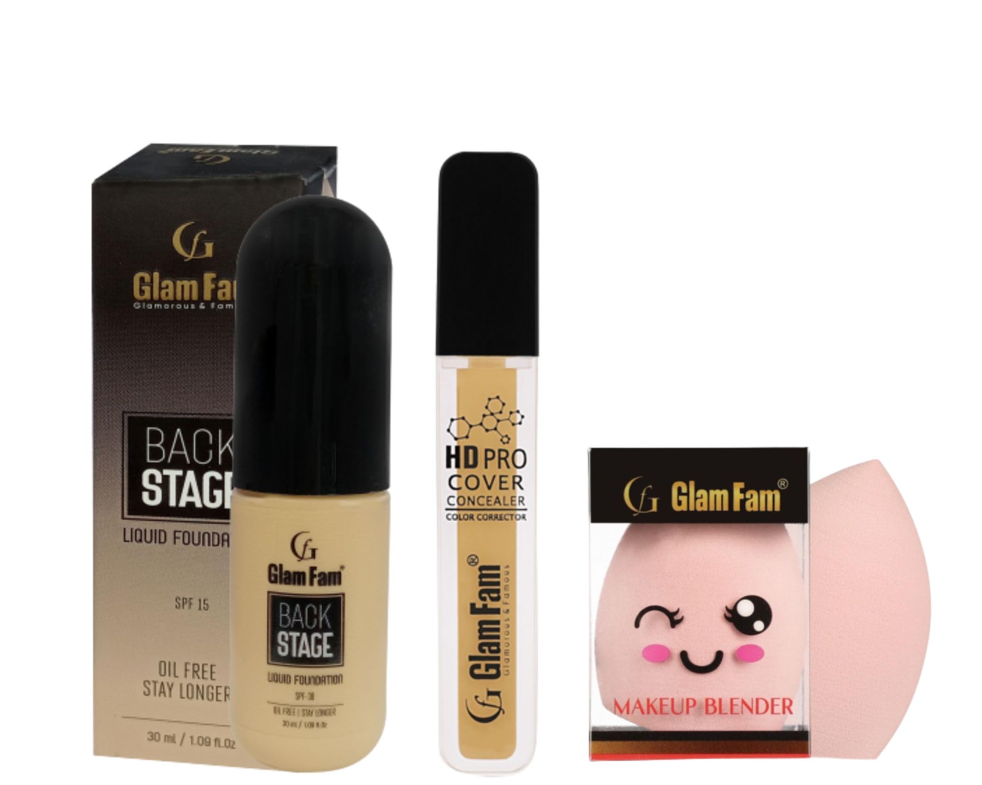 GLAM FAM Oil-Free Long Lasting Matte Liquid Foundation & Concealer Set (30ML, Pack of 3) with Makeup Blender - Full Coverage, Lightweight Formula for All-Day Wear - Perfect for Professional Makeup, Photo Shoots & Everyday Use
