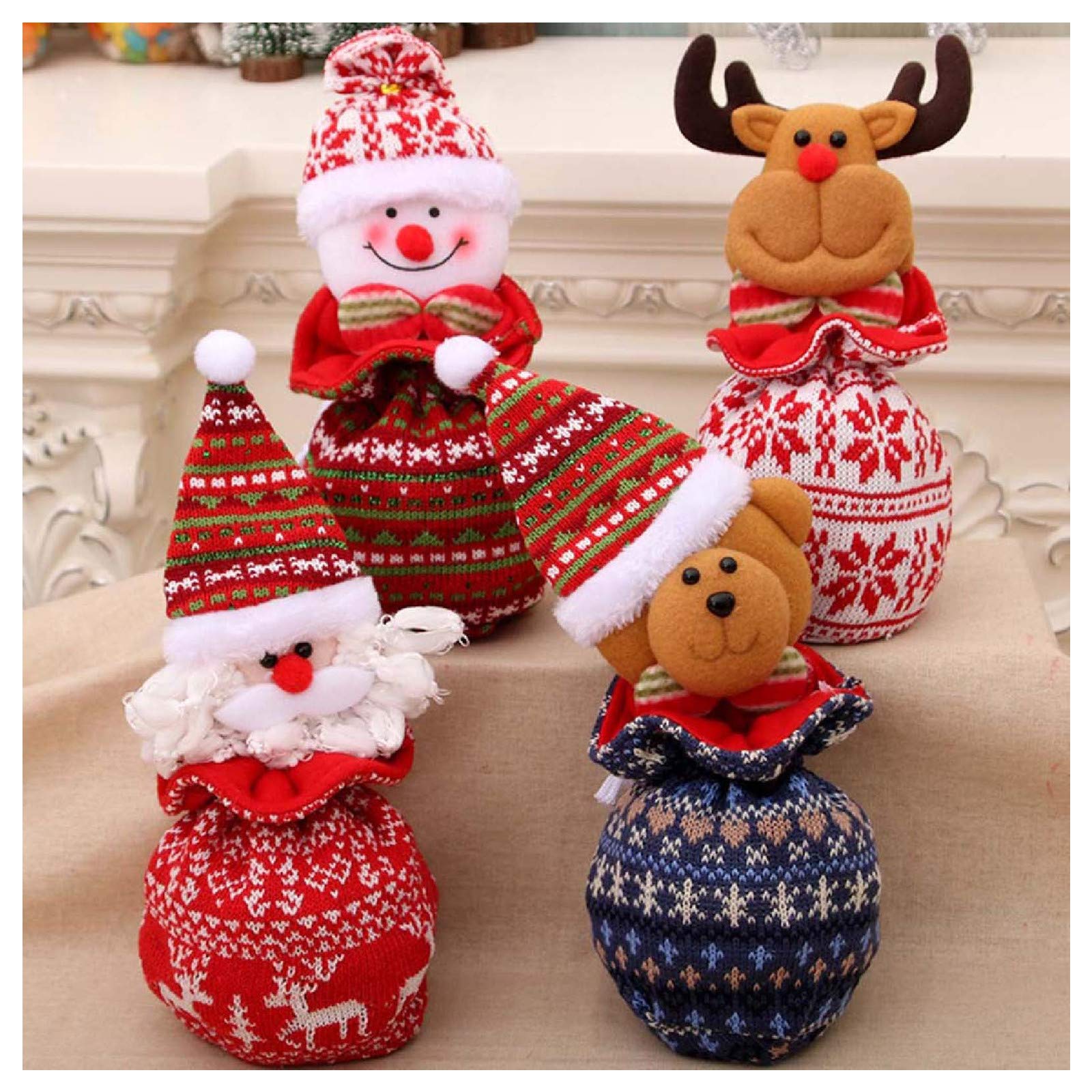 4PCS Christmas Drawstring Candy Bags - Santa Deer Snowmen Design for Xmas Party Gifts & Decor