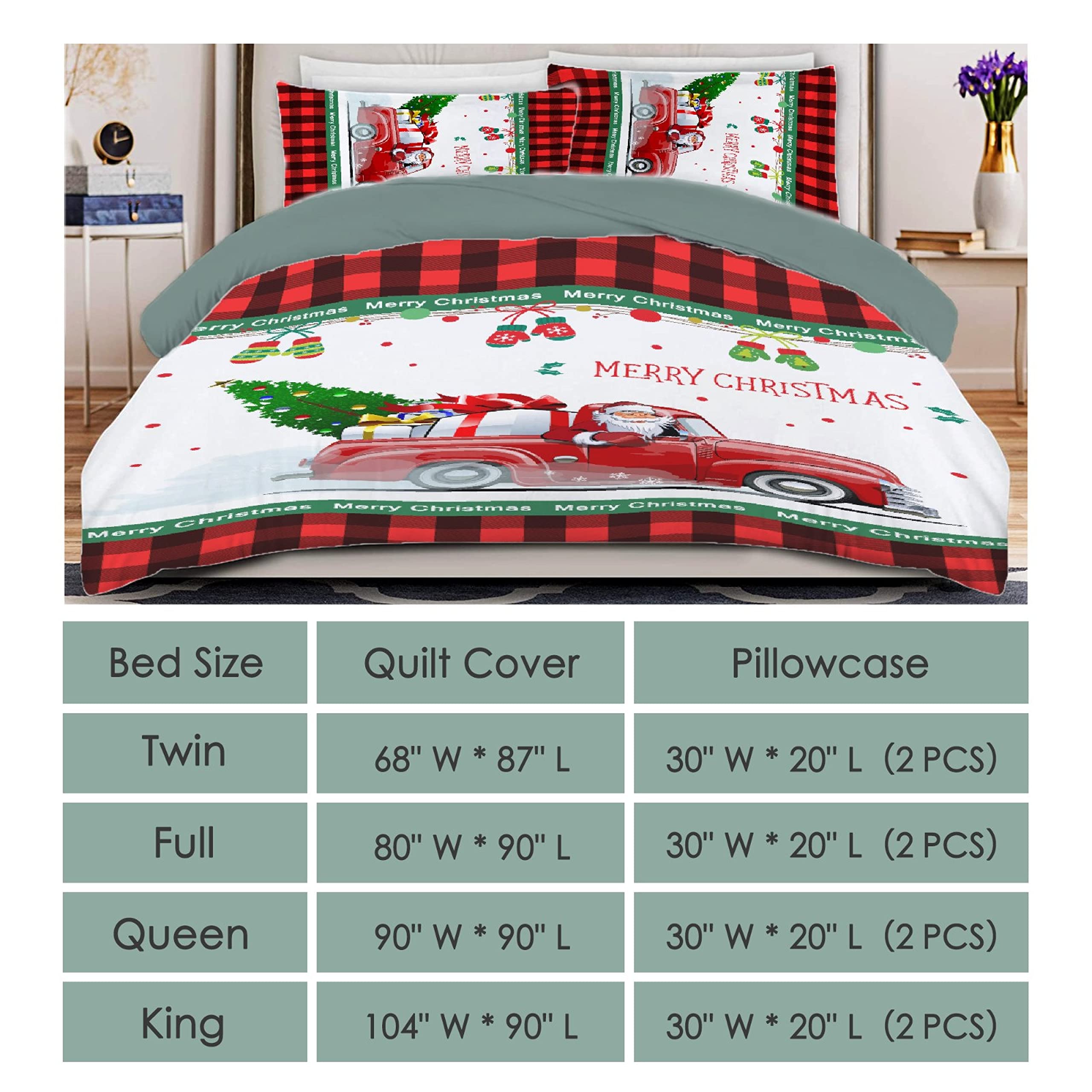 Buffalo Plaid Christmas Truck 3-Piece Duvet Cover Set (King Size) - Includes 2 Pillow Shams, Soft Microfiber Lightweight Comforter Cover with Zipper Closure - Cozy Holiday Bedding for Winter Home Decor