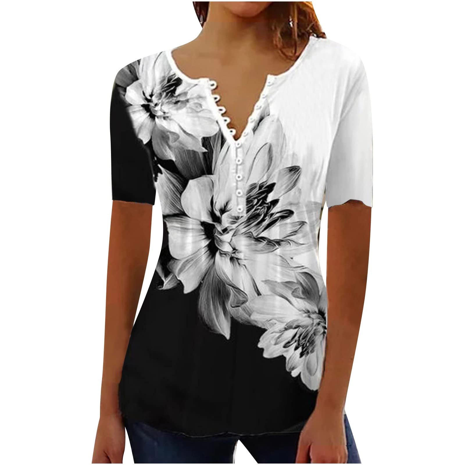 Women's Floral Printed Short Sleeve V-Neck Tunic Blouse - Casual Button Down Shirt for Work, Date Night & Summer Outfits - Perfect Birthday Gift & Cami Top